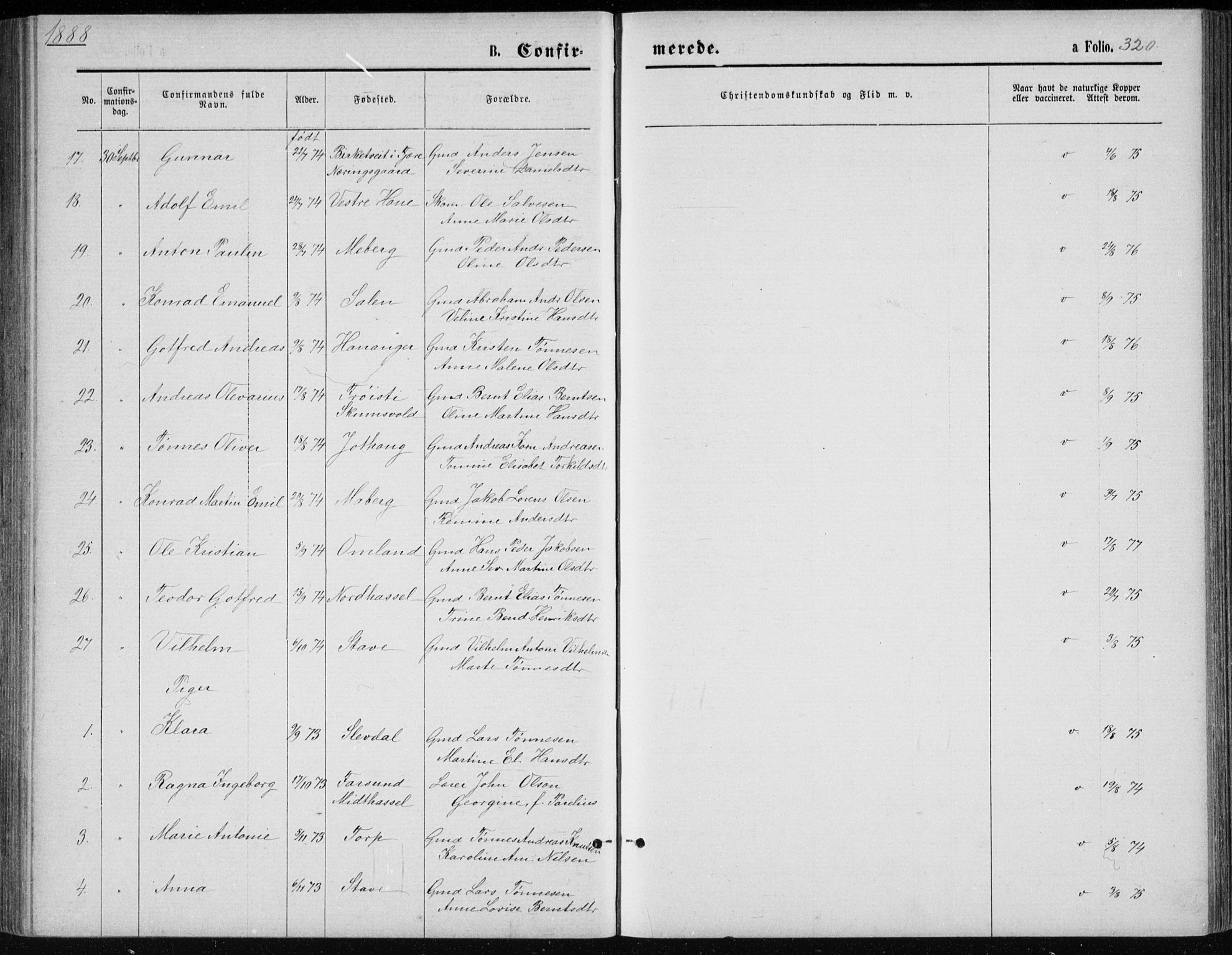 Lista sokneprestkontor, AV/SAK-1111-0027/F/Fb/L0004: Parish register (copy) no. B 4, 1877-1891, p. 320