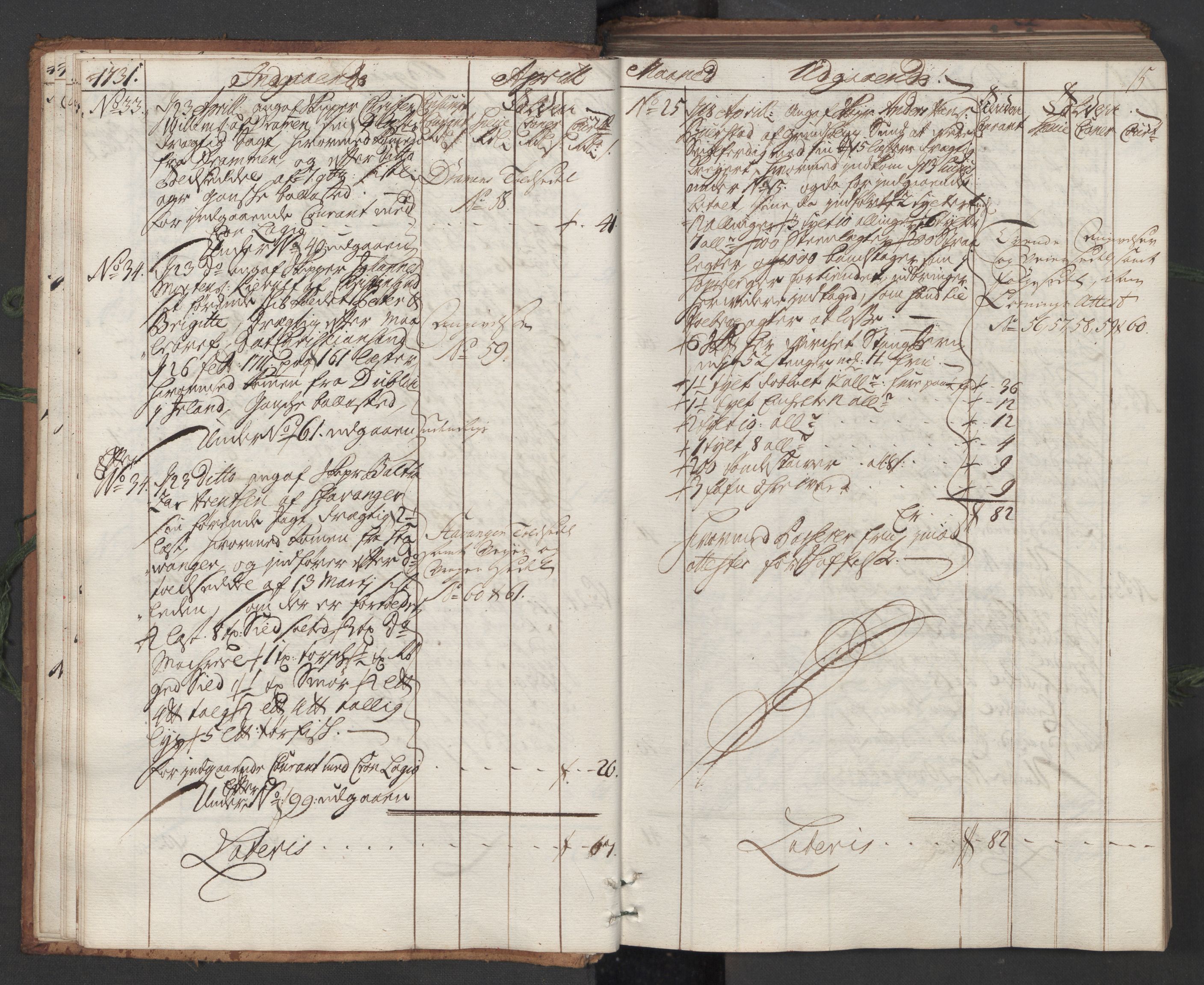 Generaltollkammeret, tollregnskaper, AV/RA-EA-5490/R12/L0007/0001: Tollregnskaper Langesund / Hovedtollbok, 1731, p. 14b-15a