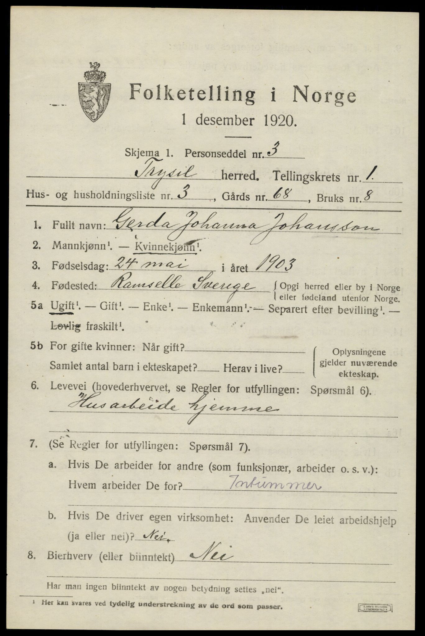 SAH, 1920 census for Trysil, 1920, p. 2561