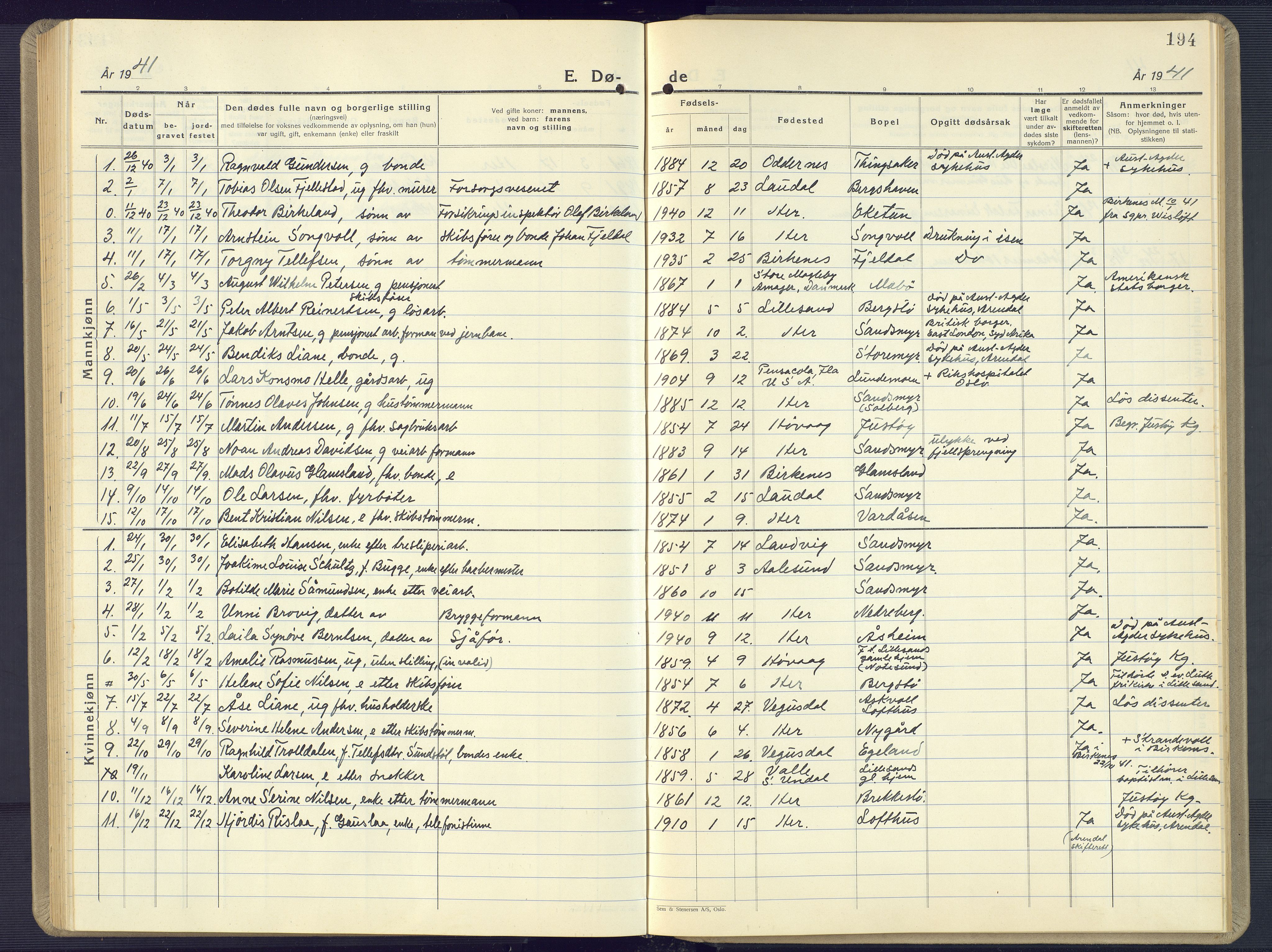 Vestre Moland sokneprestkontor, SAK/1111-0046/F/Fb/Fbb/L0008: Parish register (copy) no. B 8, 1930-1966, p. 194