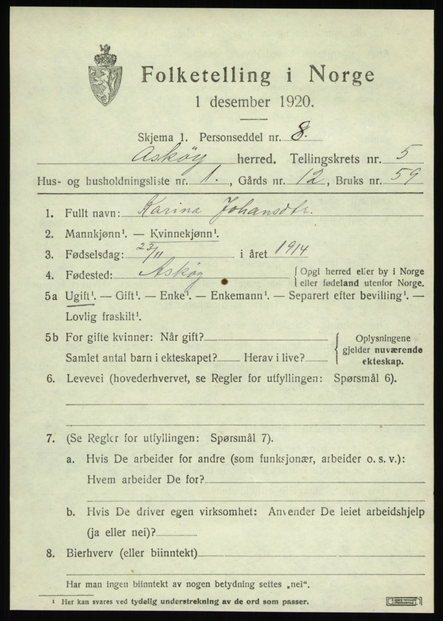 SAB, 1920 census for Askøy, 1920, p. 8764
