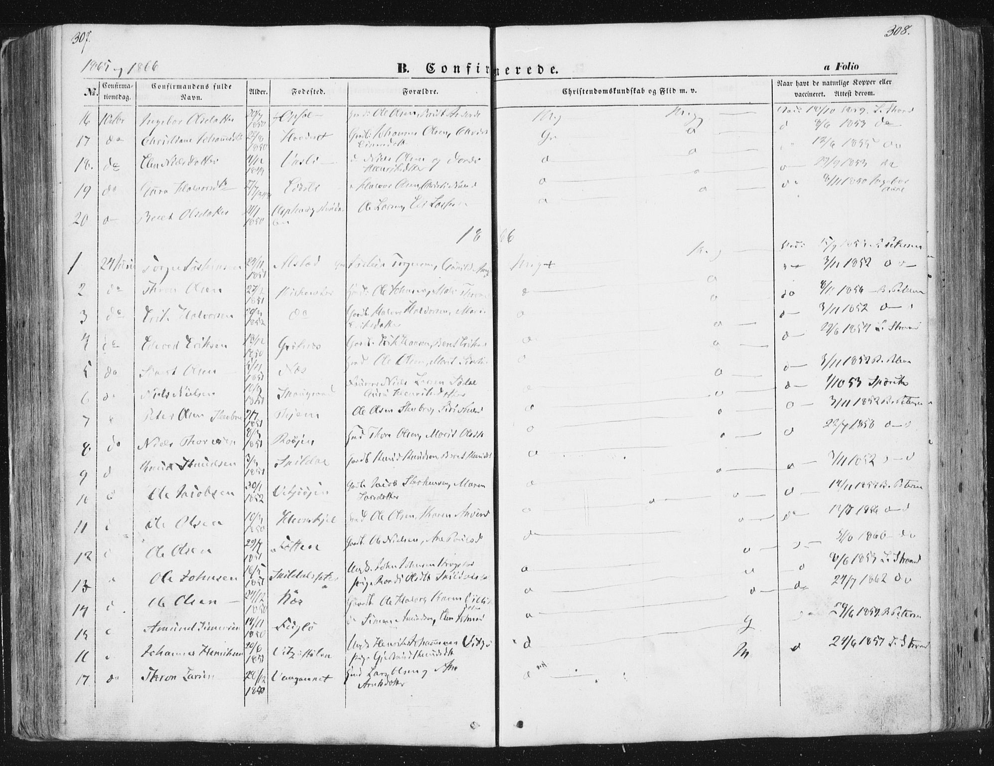 Ministerialprotokoller, klokkerbøker og fødselsregistre - Sør-Trøndelag, AV/SAT-A-1456/630/L0494: Parish register (official) no. 630A07, 1852-1868, p. 307-308