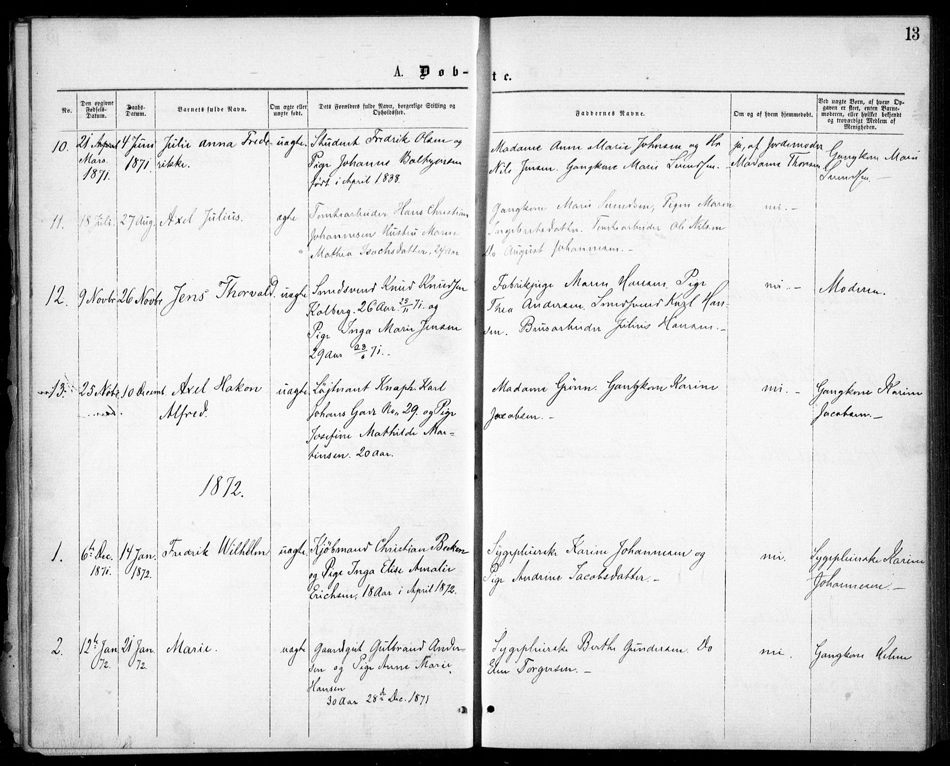 Krohgstøtten sykehusprest Kirkebøker, SAO/A-10854/F/Fa/L0001: Parish register (official) no. 1, 1865-1873, p. 13