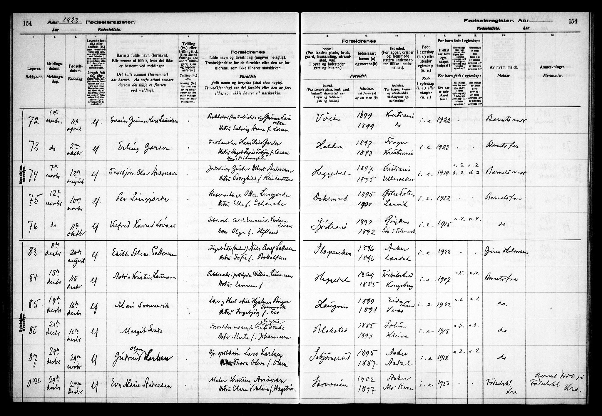 Asker prestekontor Kirkebøker, AV/SAO-A-10256a/J/L0001: Birth register no. 1, 1916-1925, p. 154