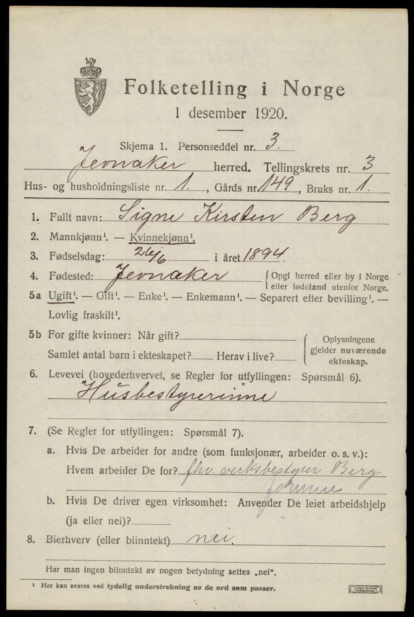 SAH, 1920 census for Jevnaker, 1920, p. 5375