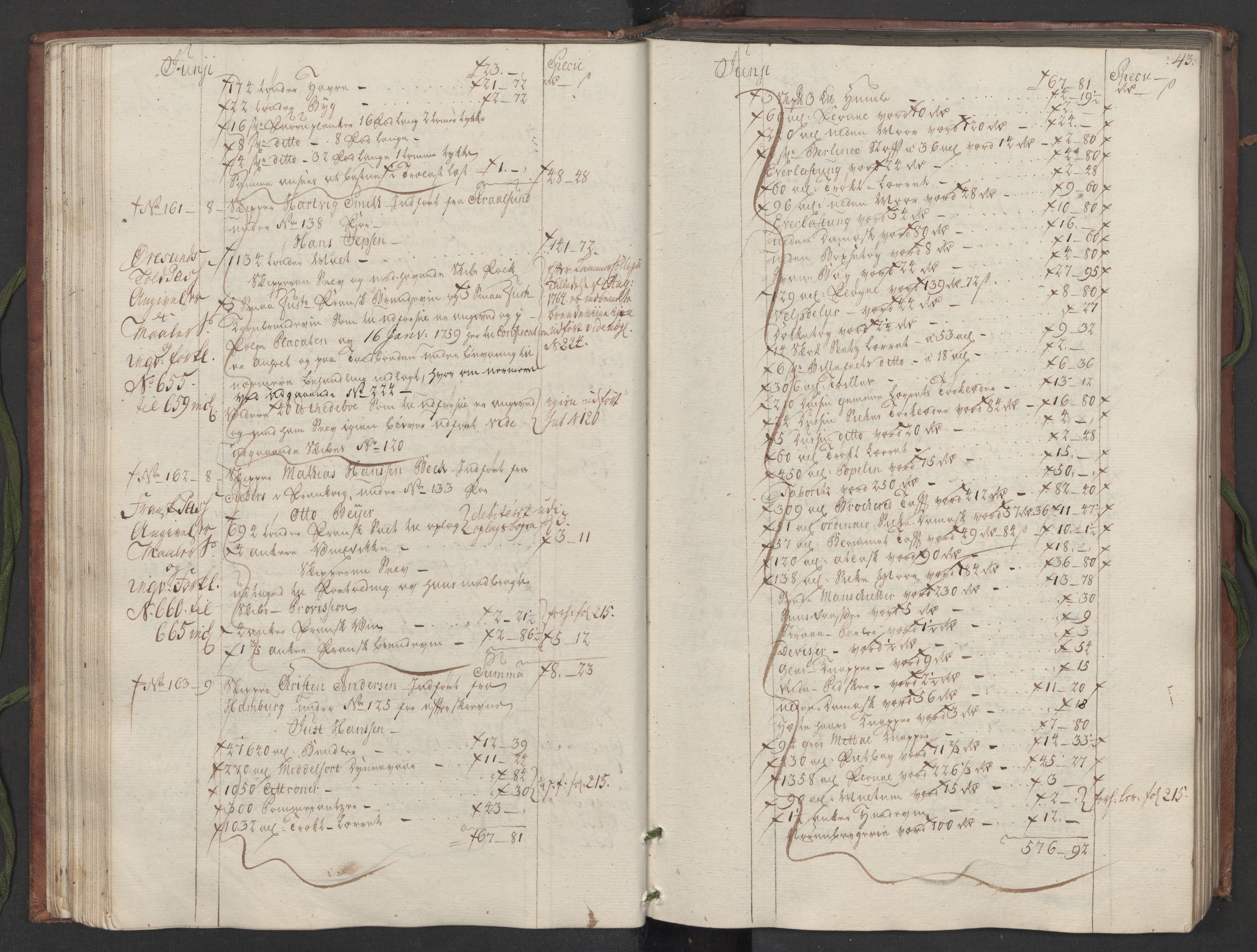 Generaltollkammeret, tollregnskaper, AV/RA-EA-5490/R33/L0082/0001: Tollregnskaper Trondheim A / Inngående hovedtollbok, 1764, p. 42b-43a