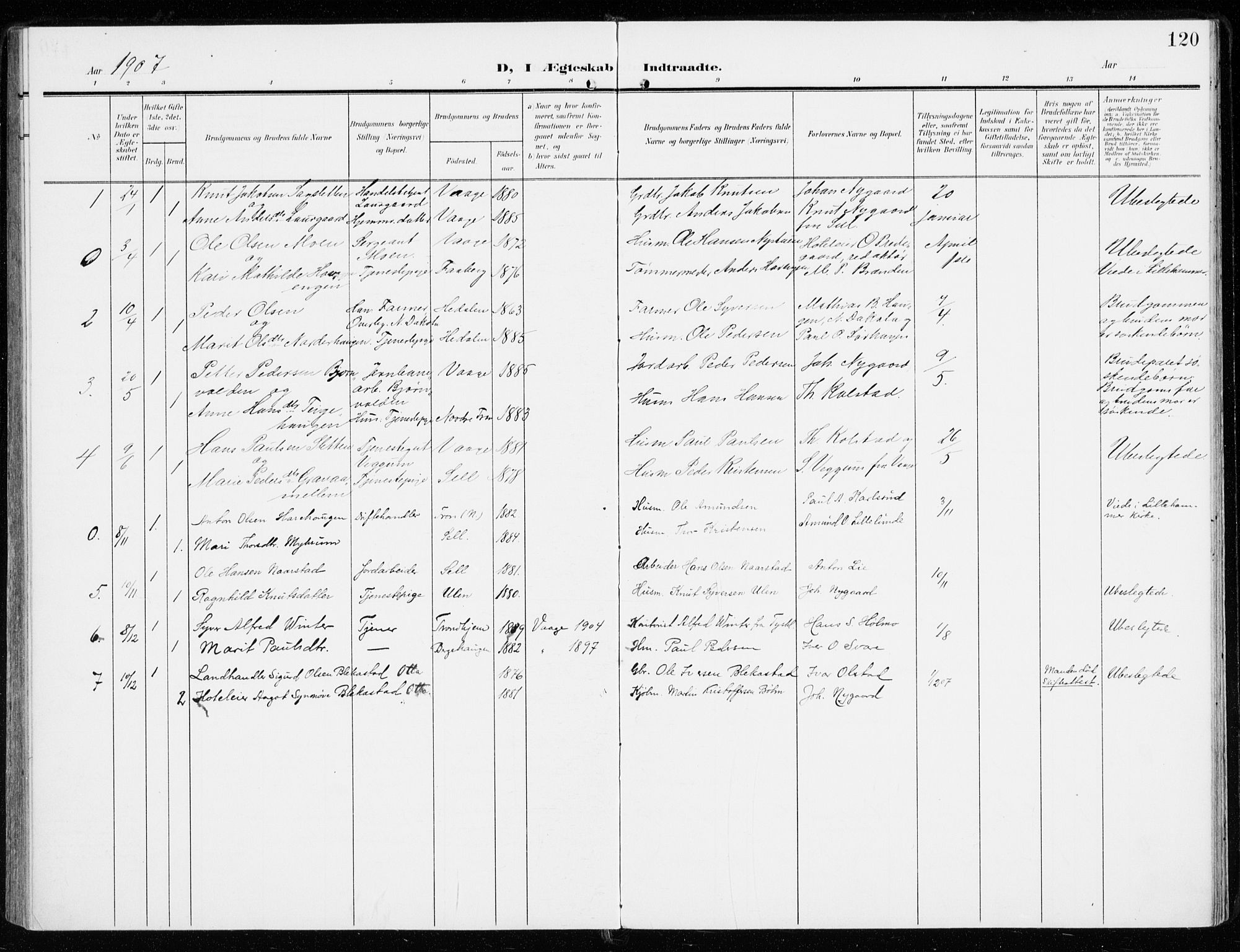 Sel prestekontor, SAH/PREST-074/H/Ha/Haa/L0002: Parish register (official) no. 2, 1905-1919, p. 120