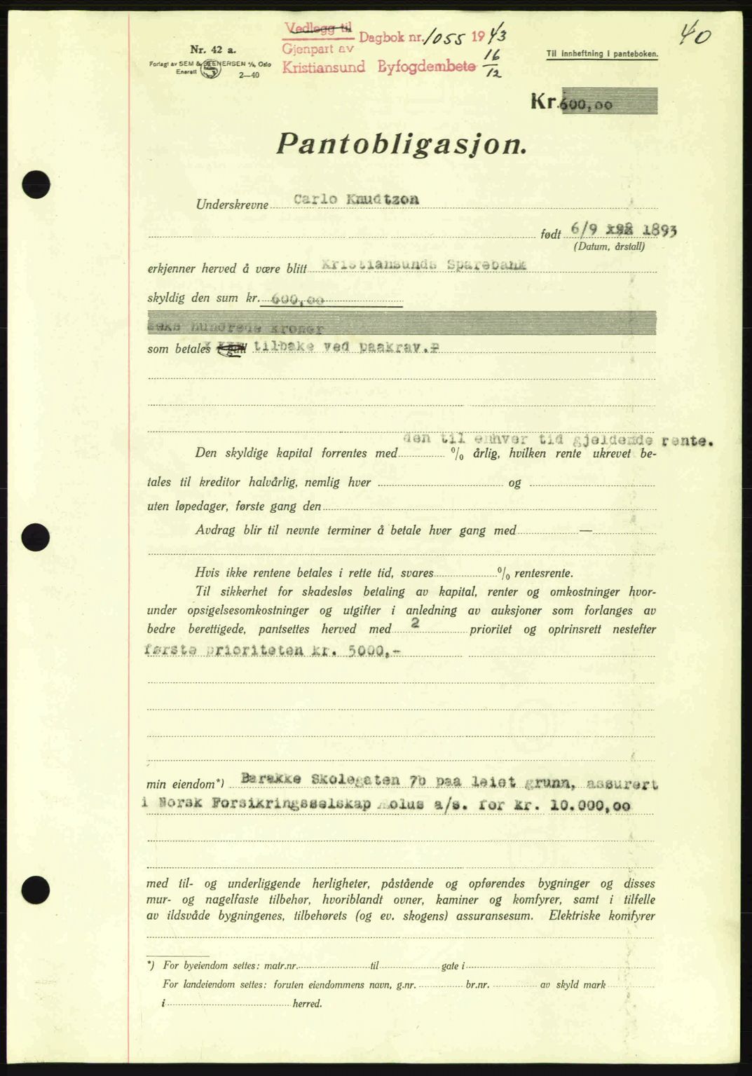Kristiansund byfogd, SAT/A-4587/A/27: Mortgage book no. 37-38, 1943-1945, Diary no: : 1055/1943