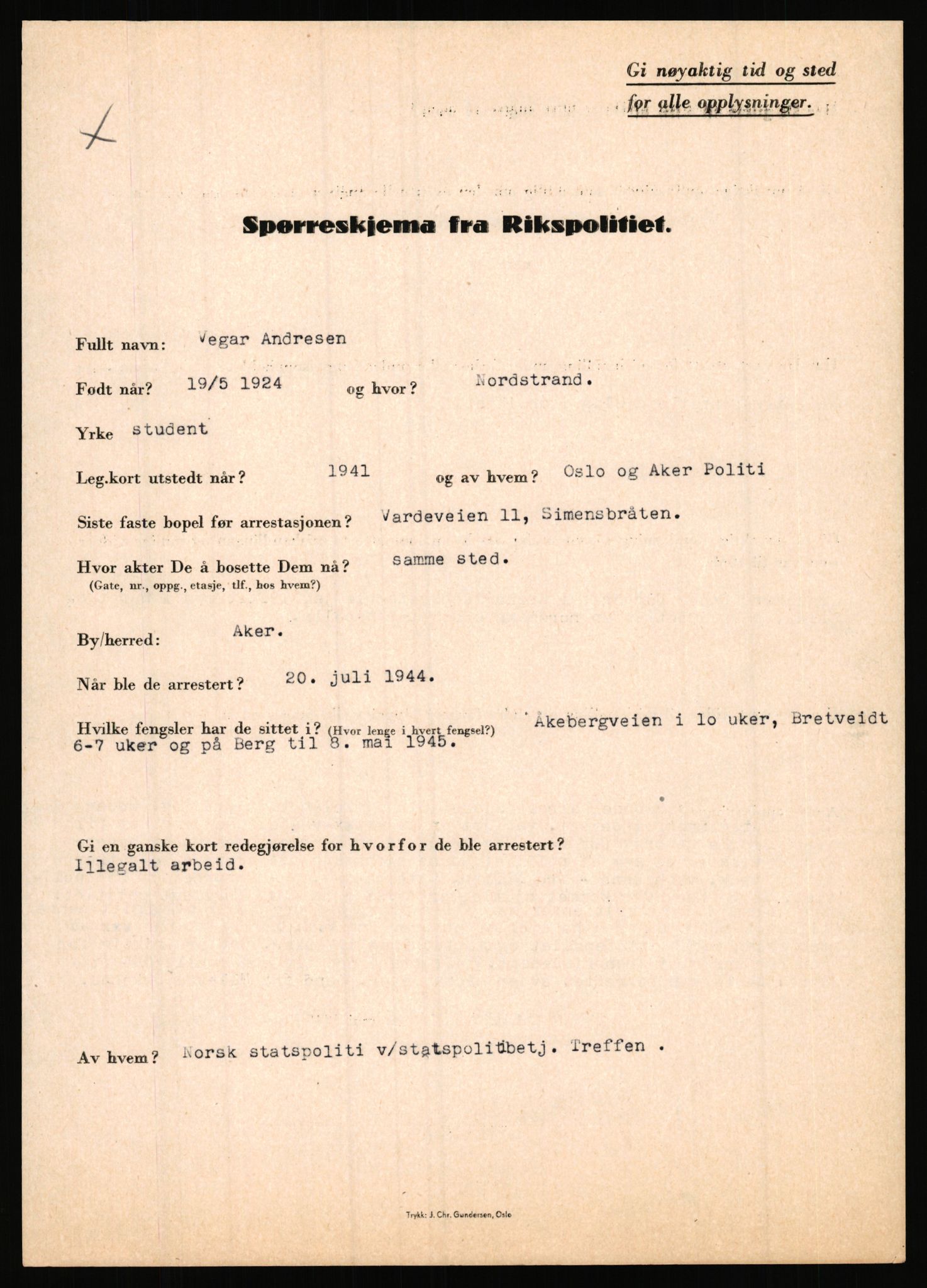 Rikspolitisjefen, AV/RA-S-1560/L/L0001: Abelseth, Rudolf - Berentsen, Odd, 1940-1945, p. 745