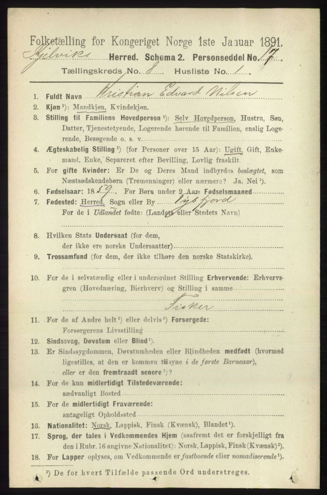 RA, 1891 census for 2019 Kjelvik, 1891, p. 1191