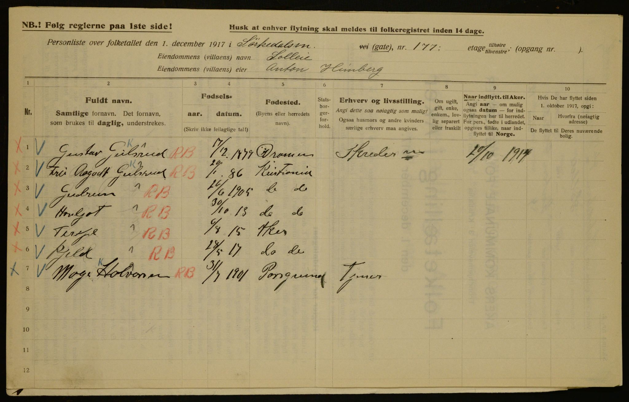 OBA, Municipal Census 1917 for Aker, 1917, p. 45