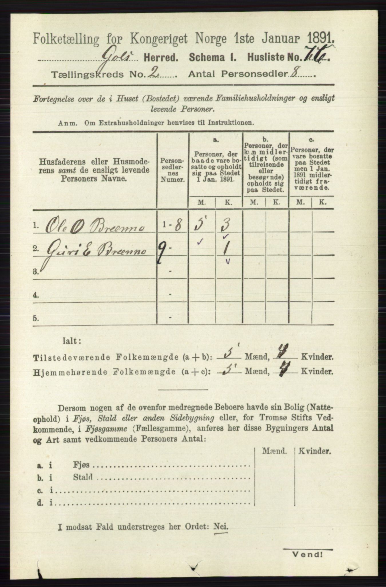 RA, 1891 census for 0617 Gol og Hemsedal, 1891, p. 701