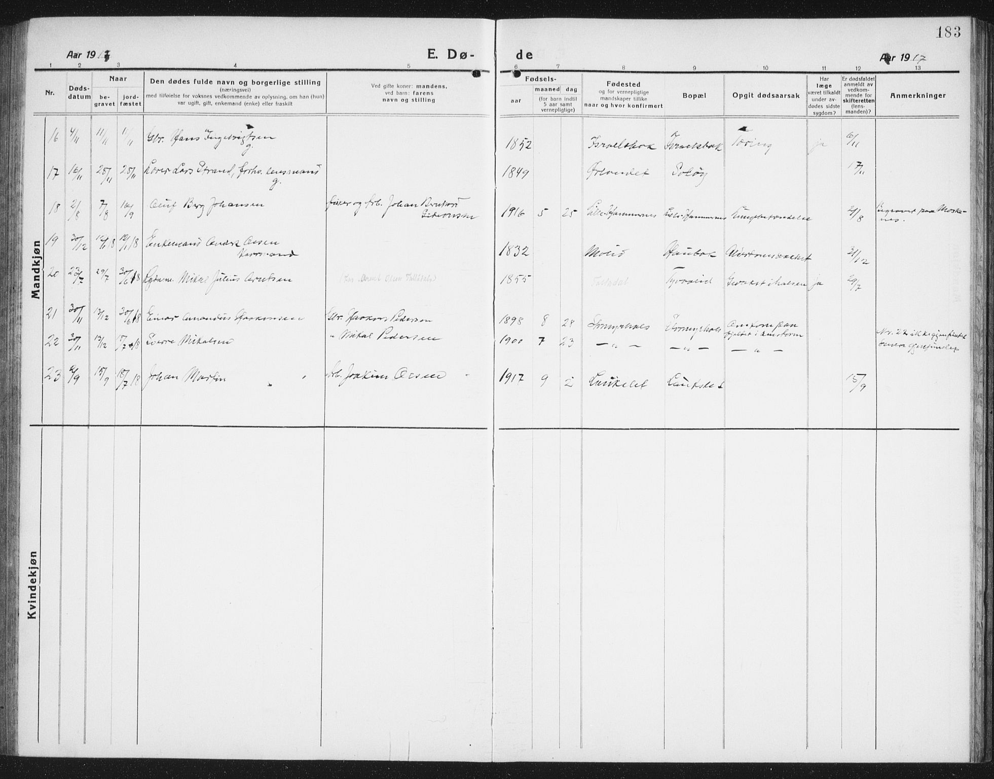 Ministerialprotokoller, klokkerbøker og fødselsregistre - Nordland, SAT/A-1459/846/L0656: Parish register (copy) no. 846C06, 1917-1936, p. 183