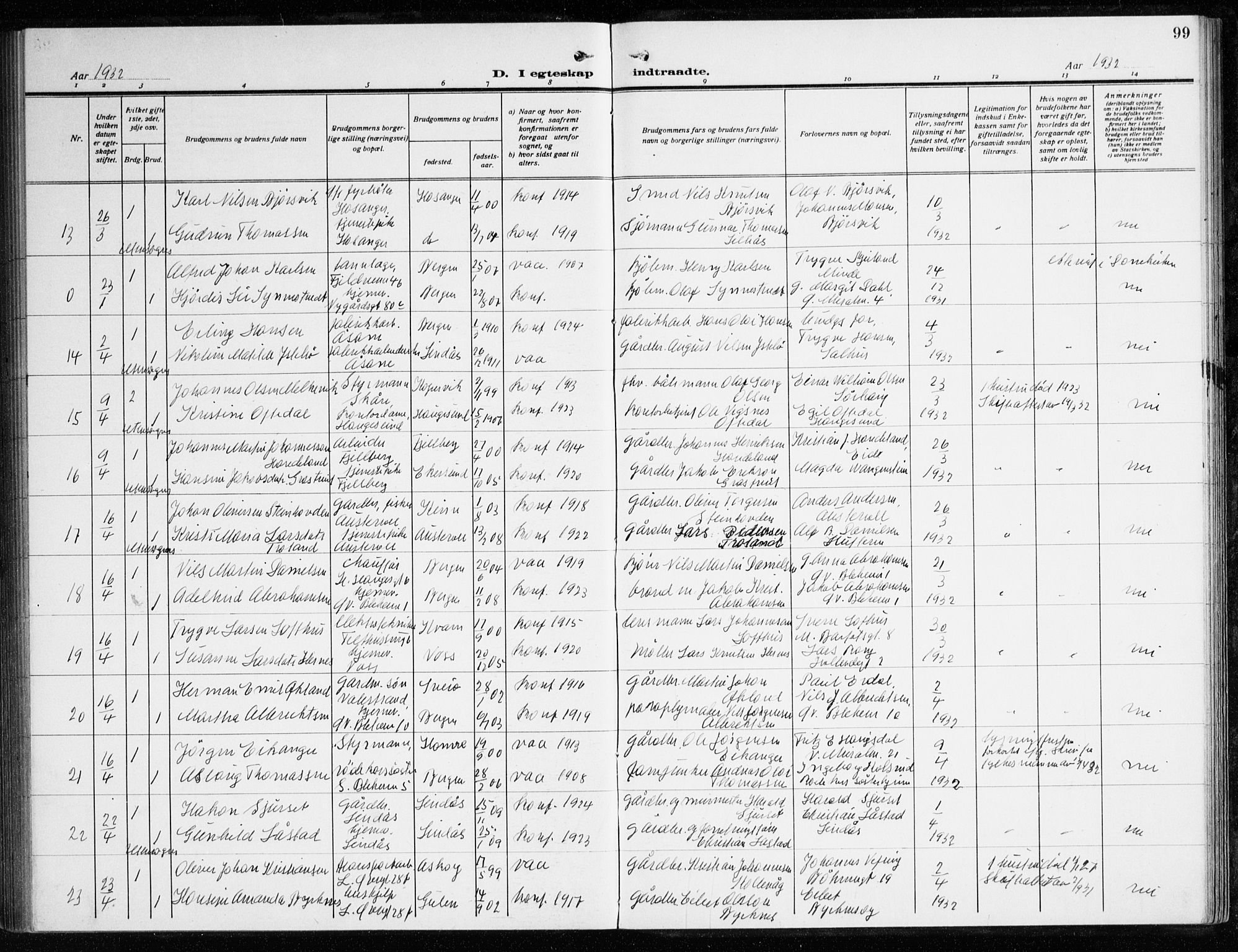 Korskirken sokneprestembete, AV/SAB-A-76101/H/Haa/L0039: Parish register (official) no. D 6, 1919-1938, p. 99