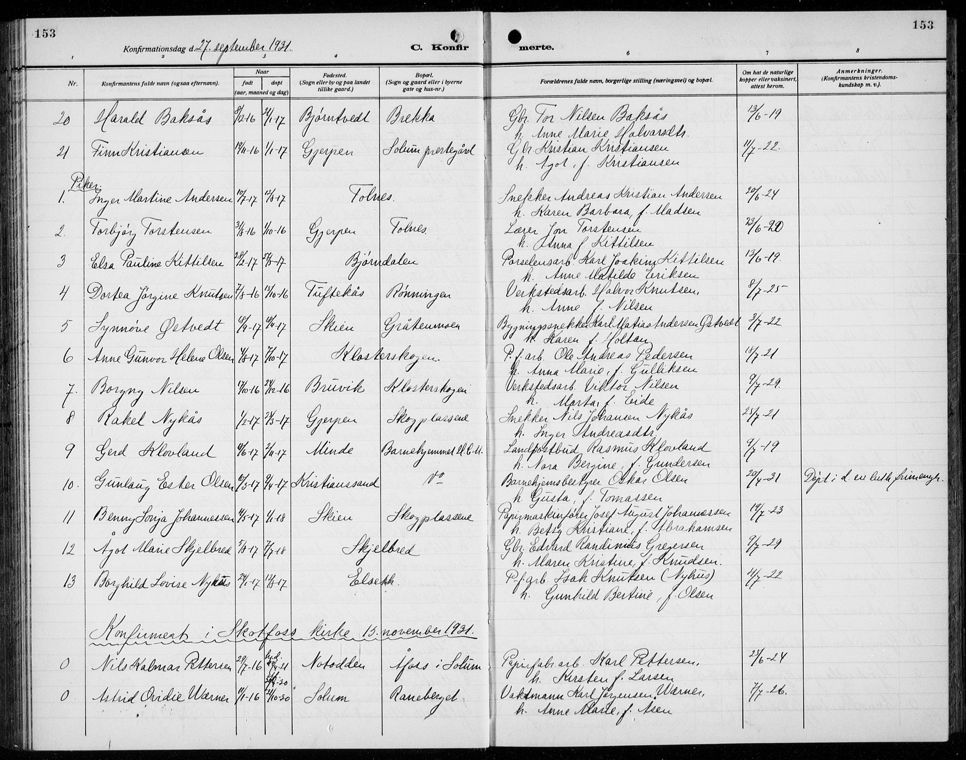 Solum kirkebøker, AV/SAKO-A-306/G/Ga/L0010: Parish register (copy) no. I 10, 1921-1937, p. 153