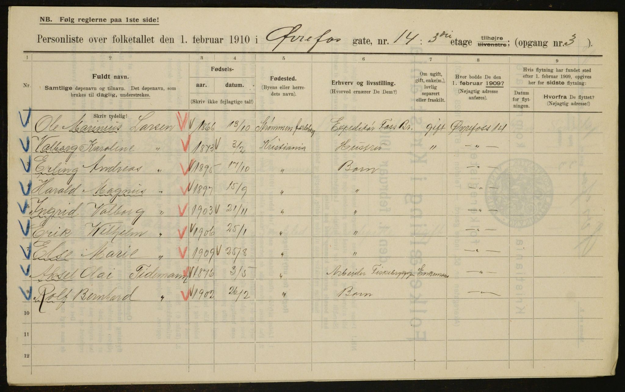 OBA, Municipal Census 1910 for Kristiania, 1910, p. 123005