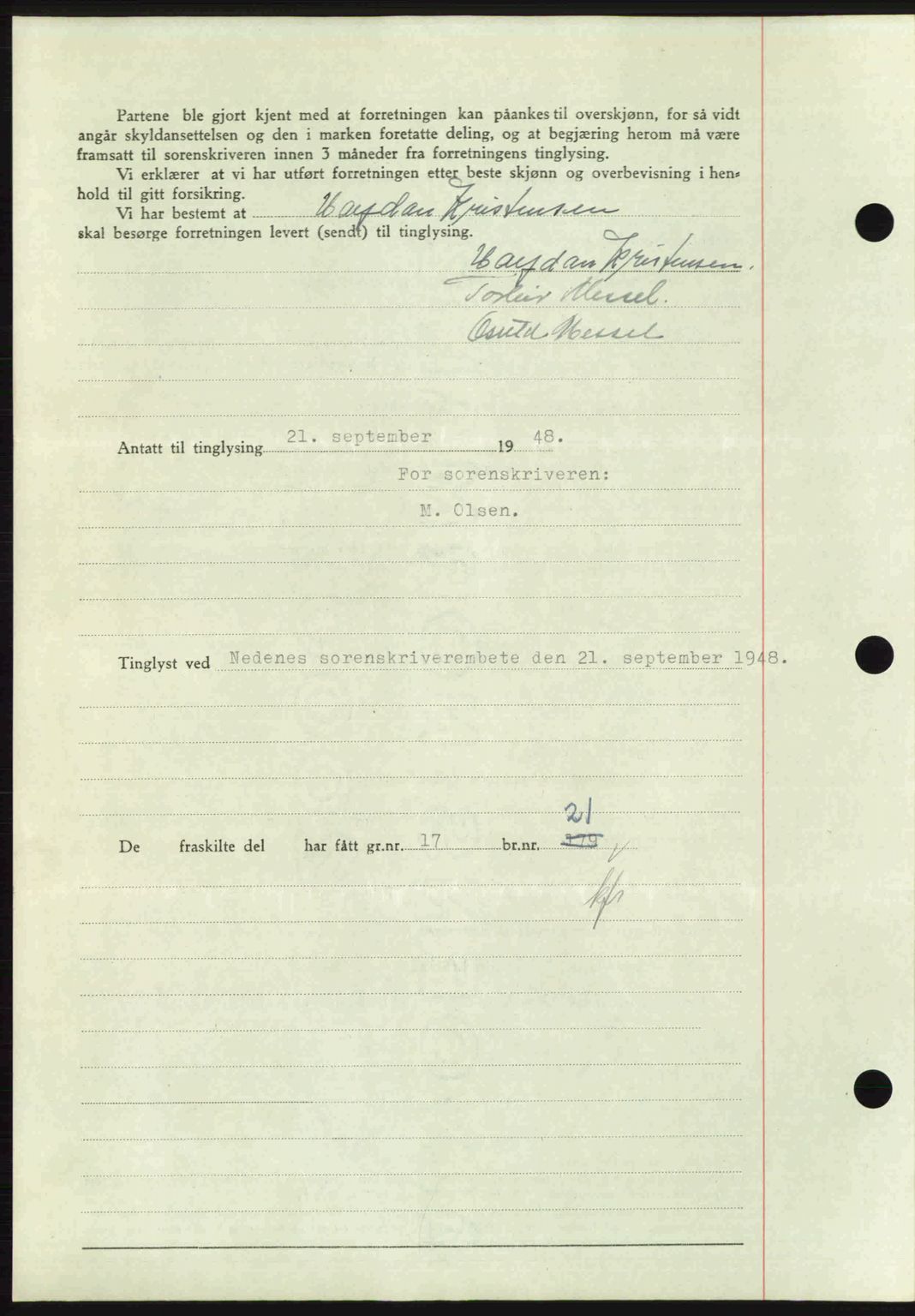 Nedenes sorenskriveri, AV/SAK-1221-0006/G/Gb/Gba/L0059: Mortgage book no. A11, 1948-1948, Diary no: : 1323/1948