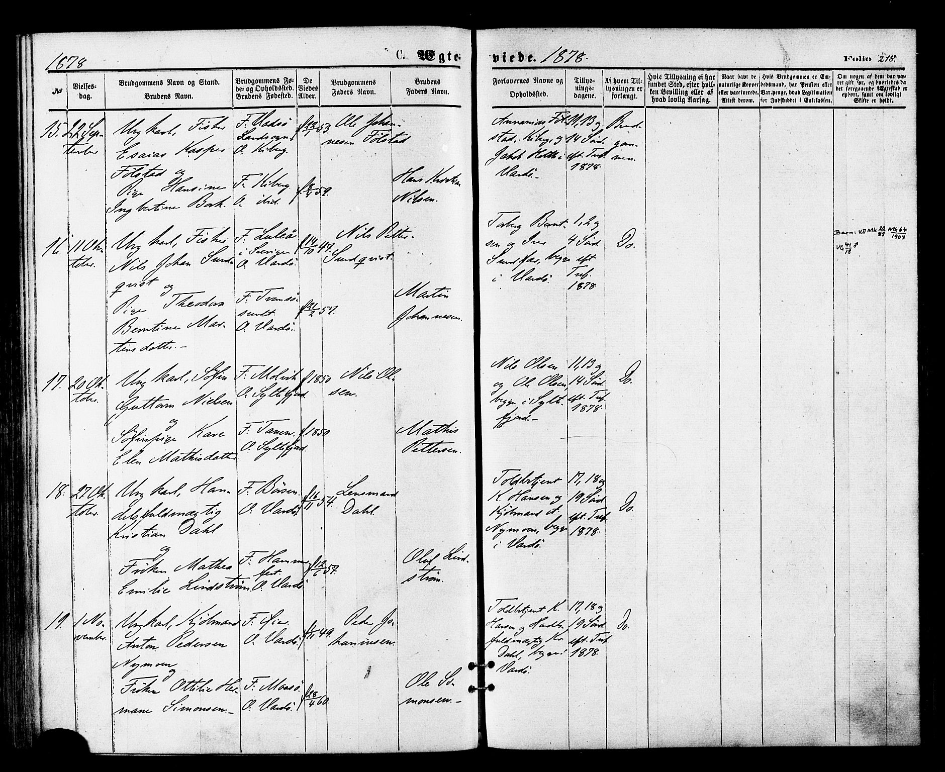 Vardø sokneprestkontor, SATØ/S-1332/H/Ha/L0005kirke: Parish register (official) no. 5, 1872-1878, p. 218