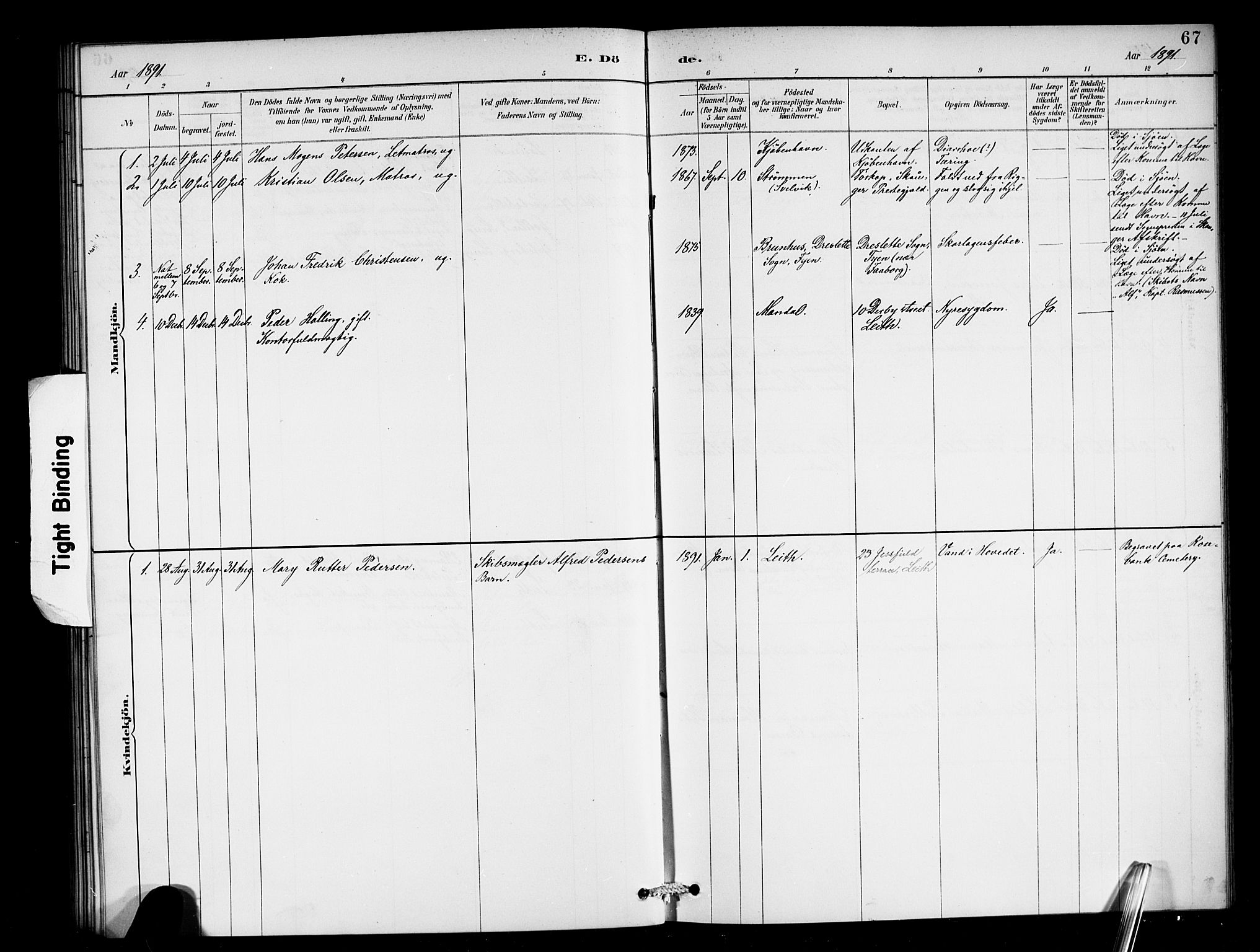 Den norske sjømannsmisjon i utlandet/Skotske havner (Leith, Glasgow), SAB/SAB/PA-0100/H/Ha/Haa/L0003: Parish register (official) no. A 3, 1887-1898, p. 67