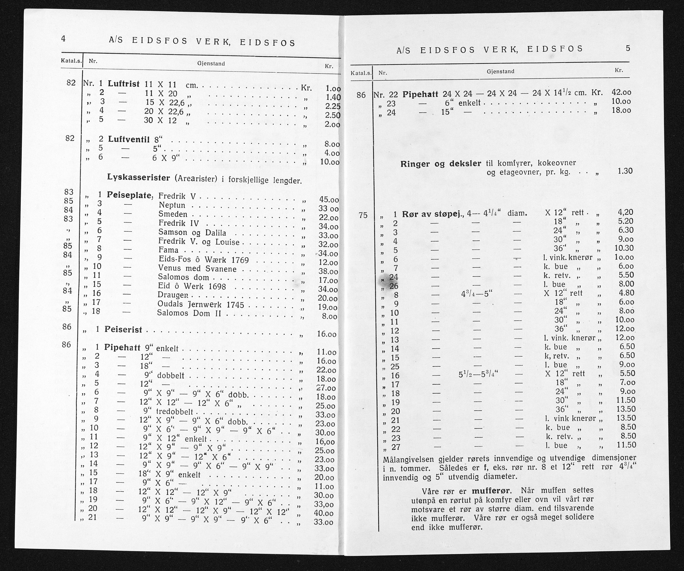 Næs Jernverksmuseets samling av historiske ovnskataloger, NESJ/NJM-006/01/L0057: Eidsfos Verk, Prisliste II over diverse bygningsstøpegods, gravutstyr m.v. Uten forbindtlighet, mars 1933, 1933