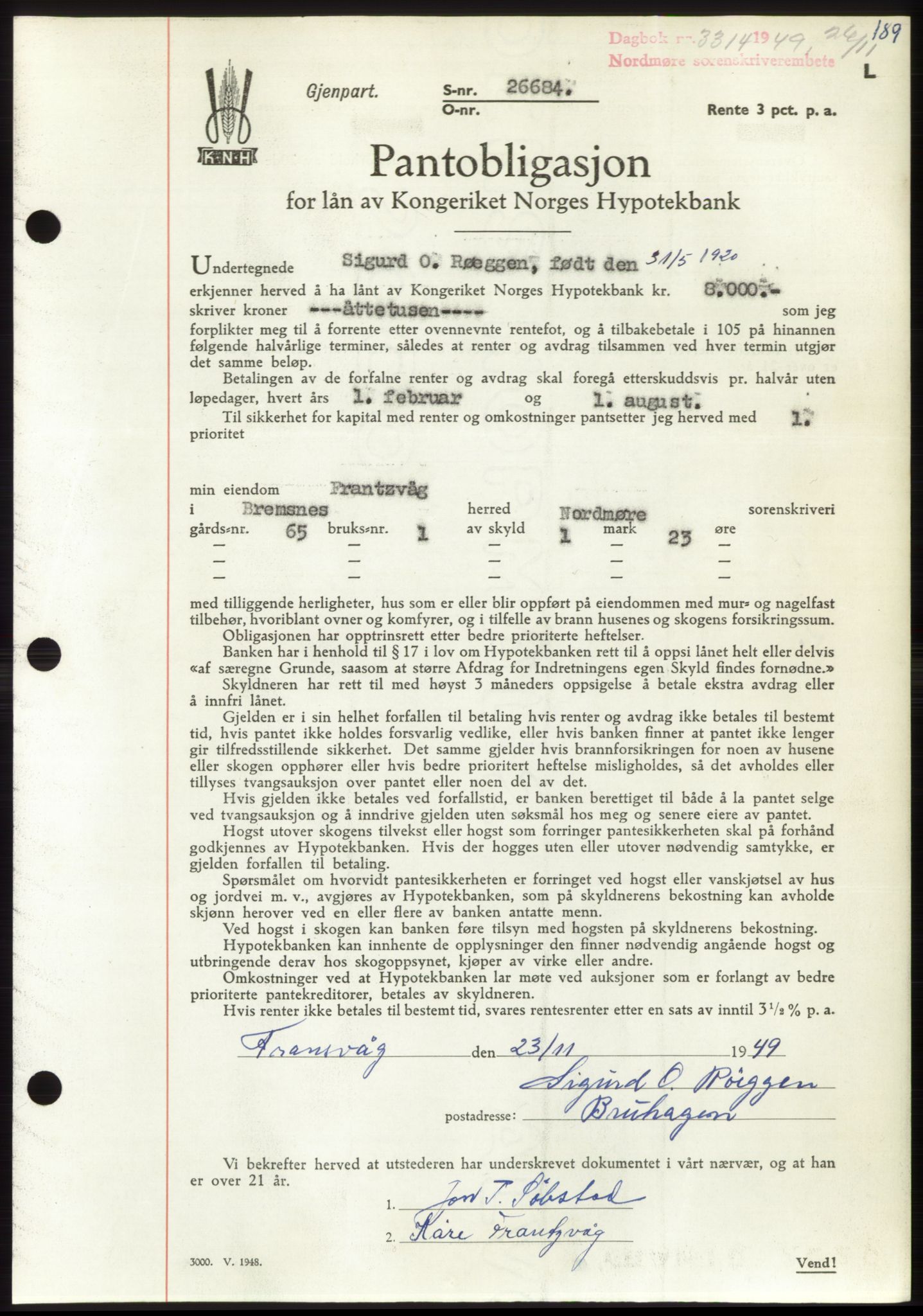 Nordmøre sorenskriveri, AV/SAT-A-4132/1/2/2Ca: Mortgage book no. B103, 1949-1950, Diary no: : 3314/1949