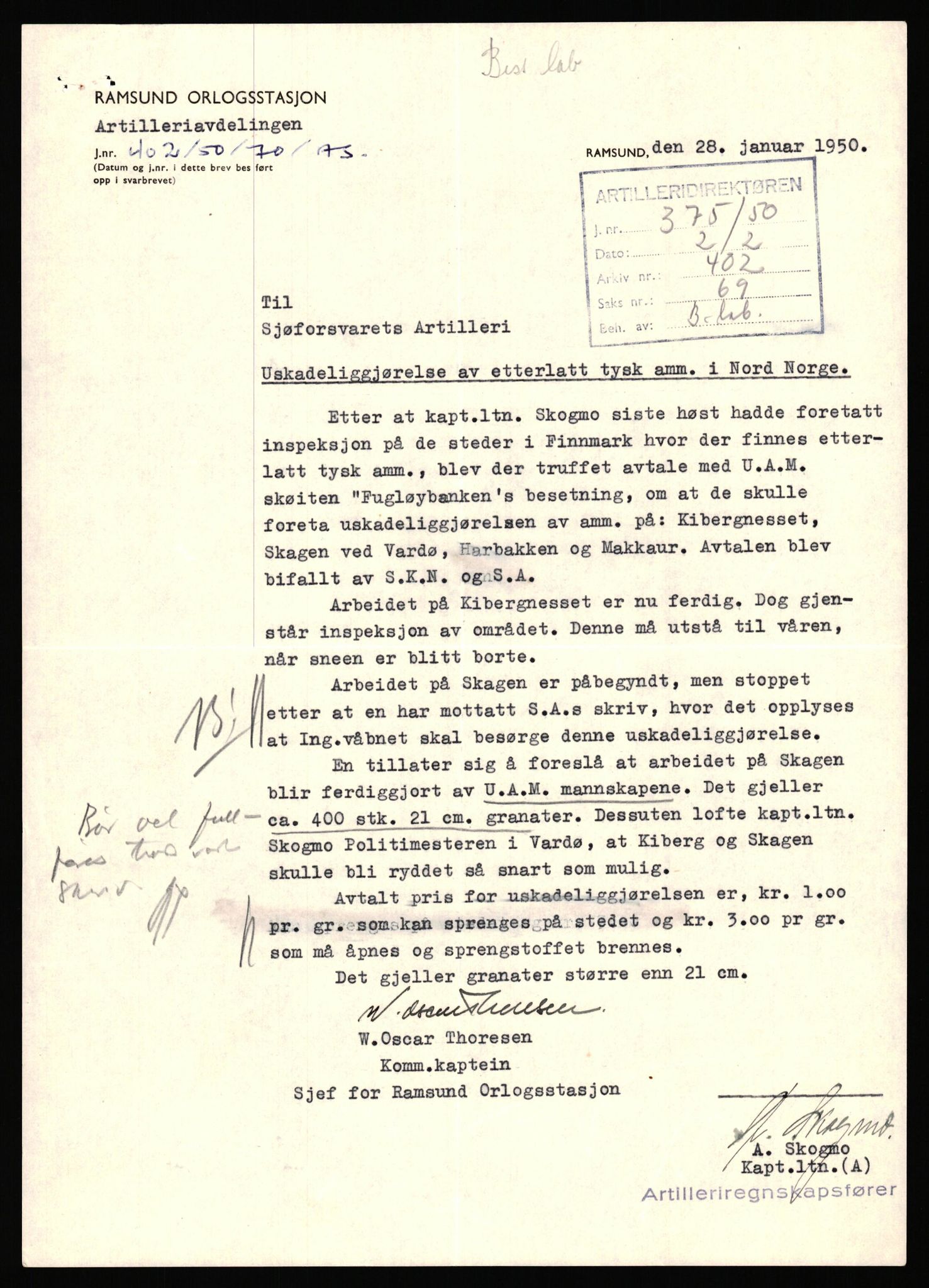 Forsvaret, Marinens artilleri, AV/RA-RAFA-1905/2/F/Fa/L0012/0002: Journalsaker / Tysk ammunisjon, 1945-1952