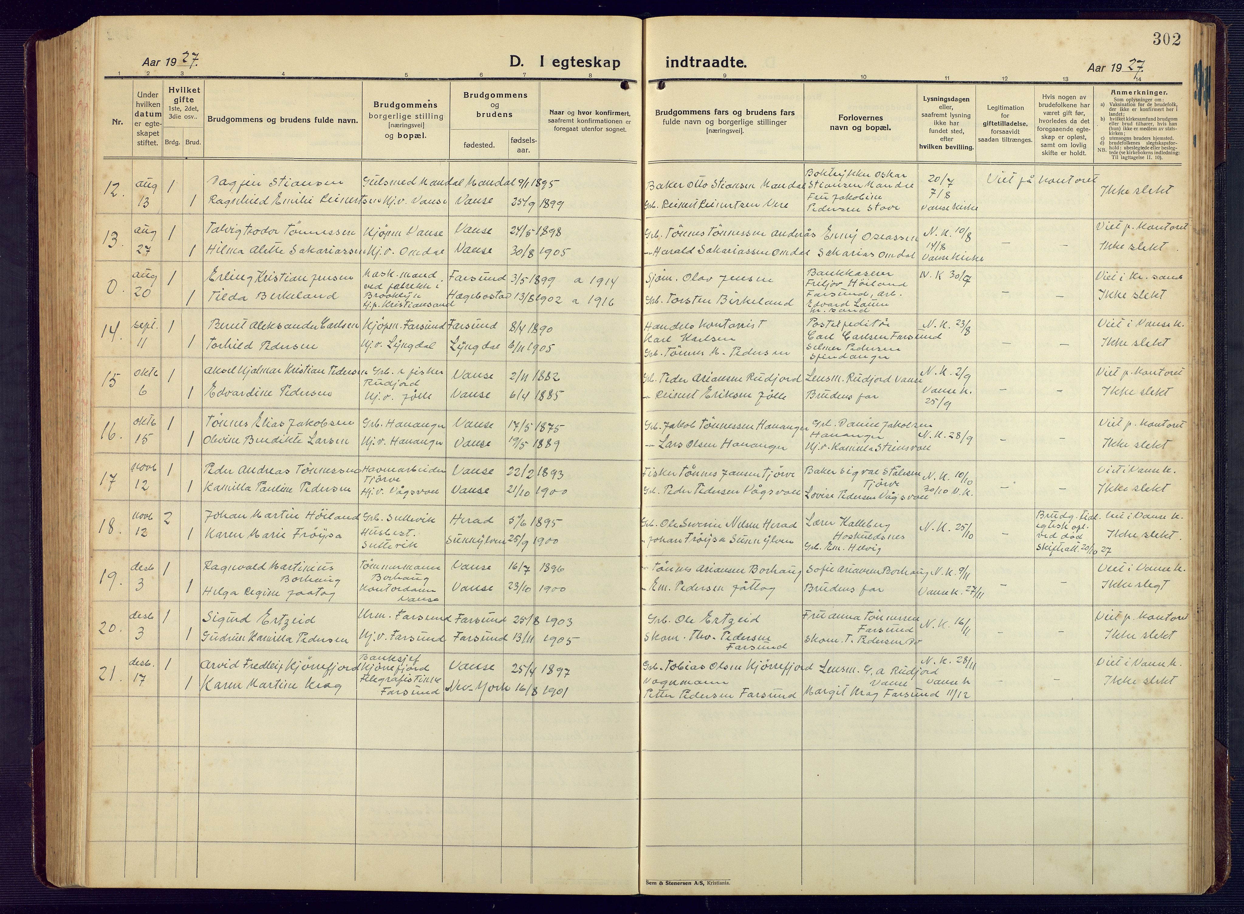 Lista sokneprestkontor, SAK/1111-0027/F/Fb/L0006: Parish register (copy) no. B 6, 1924-1947, p. 302