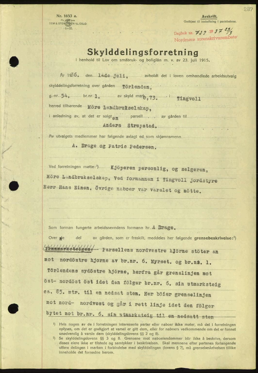 Nordmøre sorenskriveri, AV/SAT-A-4132/1/2/2Ca: Mortgage book no. A81, 1937-1937, Diary no: : 739/1937