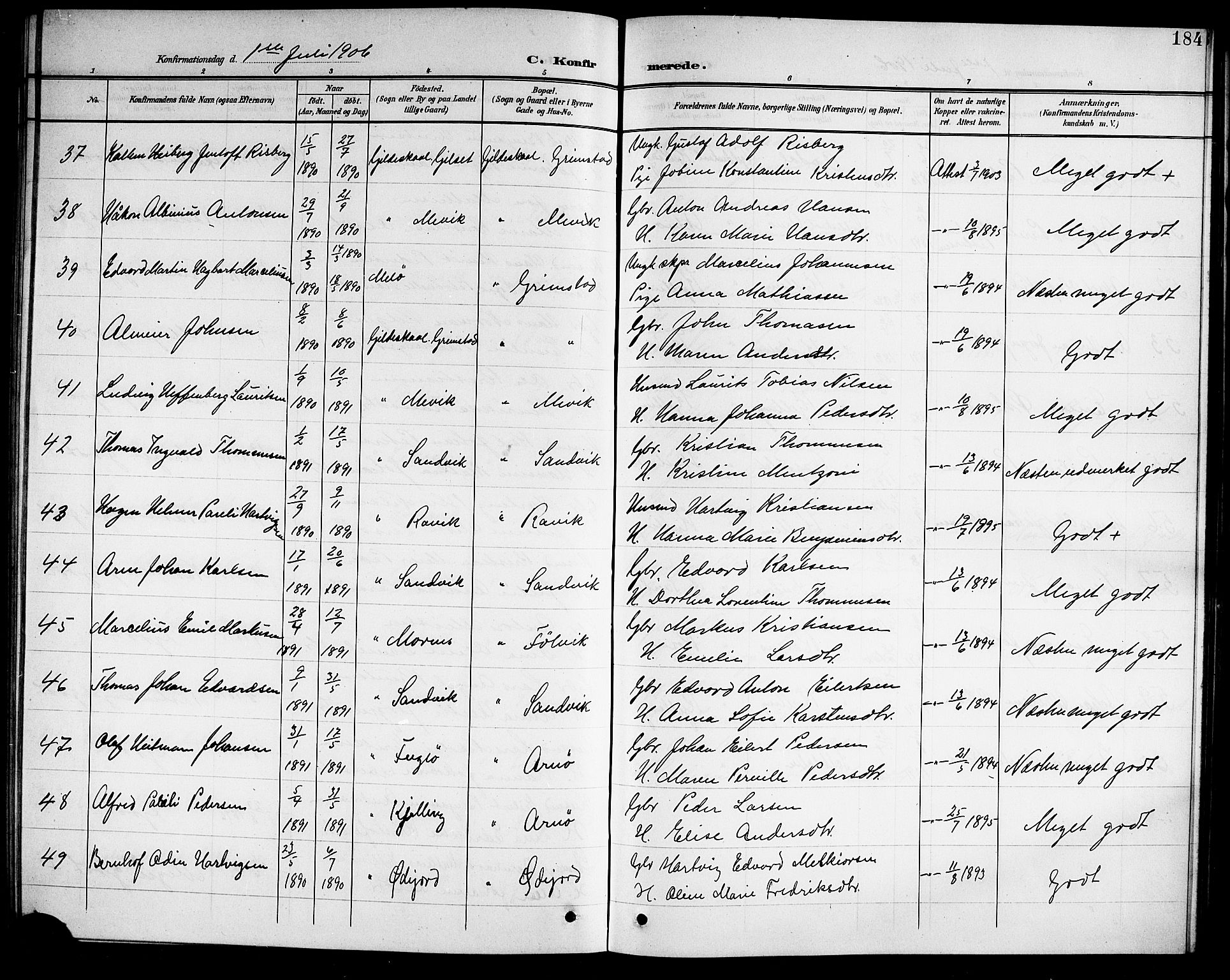 Ministerialprotokoller, klokkerbøker og fødselsregistre - Nordland, SAT/A-1459/805/L0109: Parish register (copy) no. 805C05, 1900-1911, p. 184