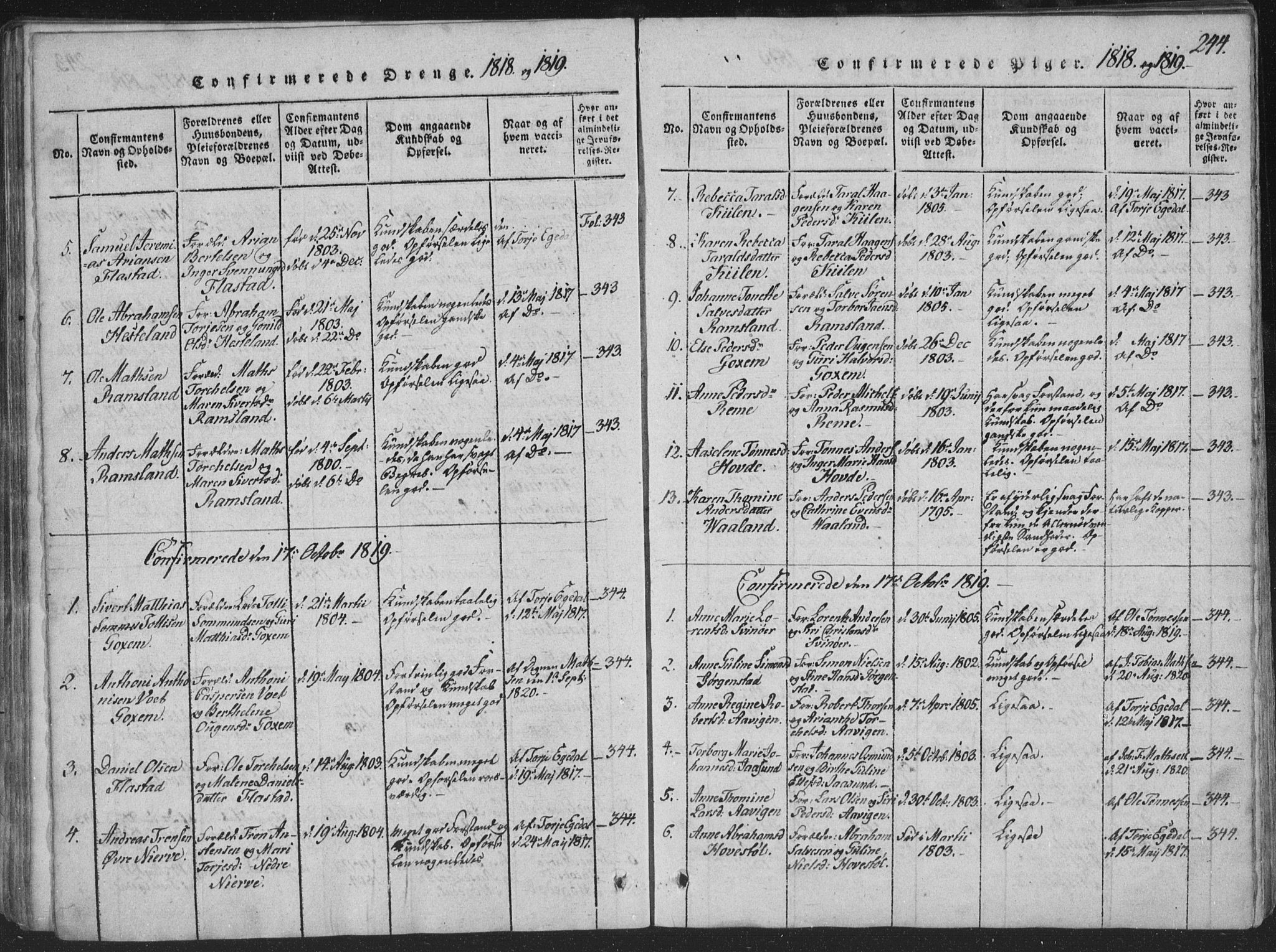 Sør-Audnedal sokneprestkontor, SAK/1111-0039/F/Fa/Faa/L0001: Parish register (official) no. A 1, 1816-1848, p. 244