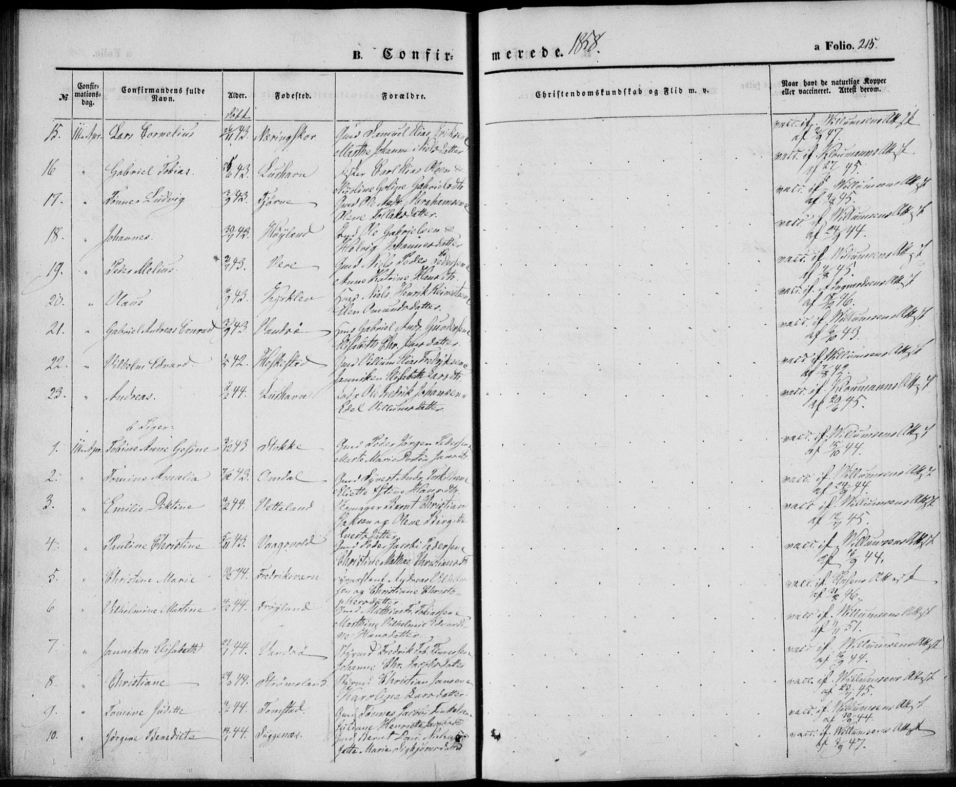 Lista sokneprestkontor, AV/SAK-1111-0027/F/Fb/L0002: Parish register (copy) no. B 2, 1847-1862, p. 215