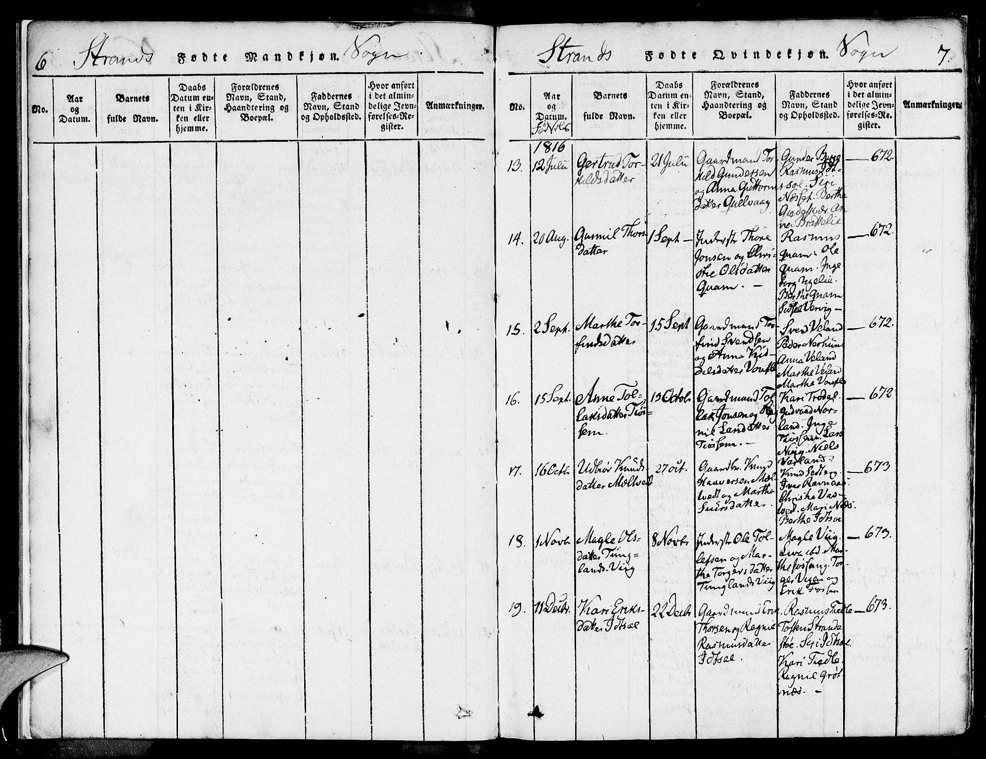 Strand sokneprestkontor, AV/SAST-A-101828/H/Ha/Haa/L0004: Parish register (official) no. A 4 /1, 1816-1833, p. 6-7