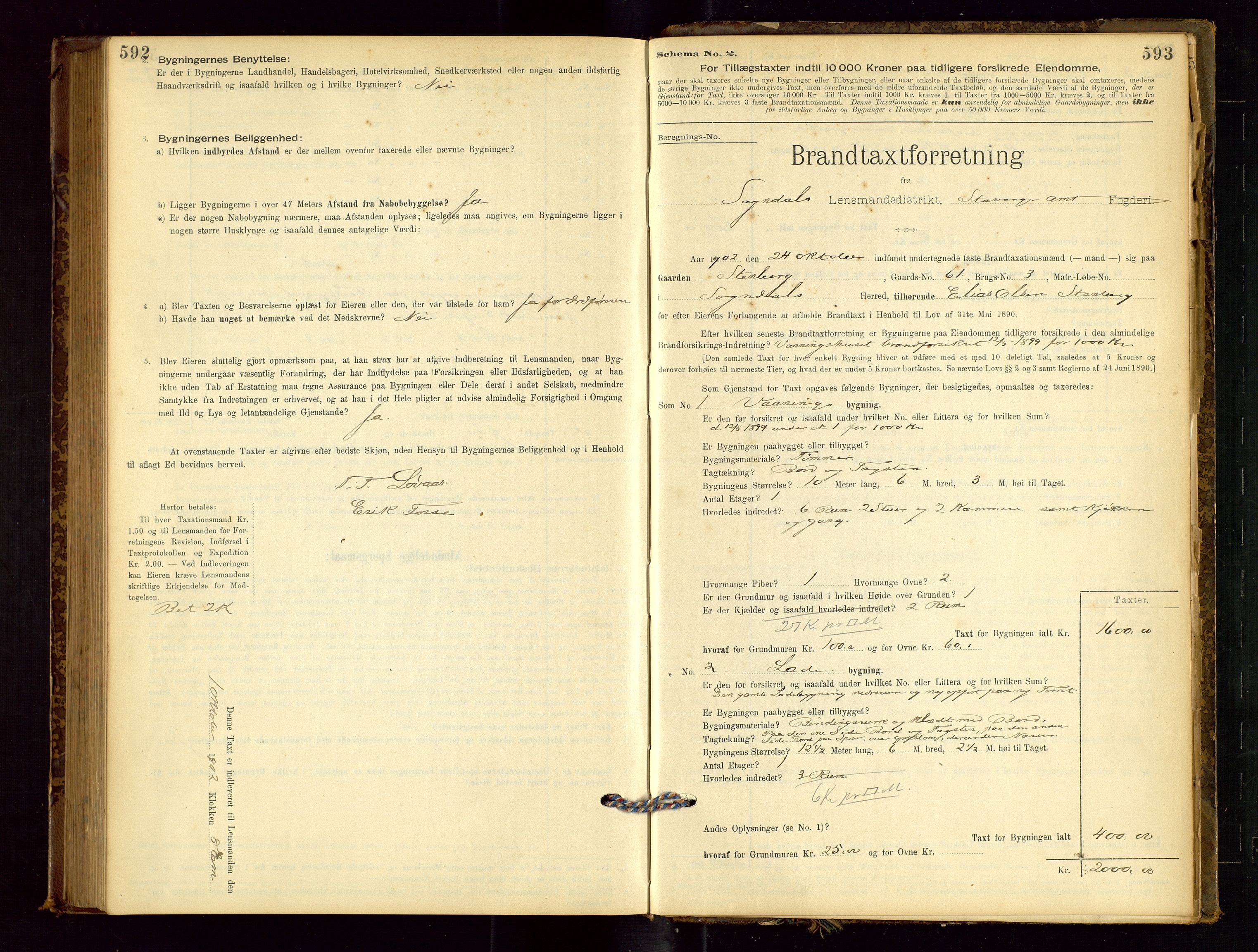 Sokndal lensmannskontor, AV/SAST-A-100417/Gob/L0001: "Brandtaxt-Protokol", 1895-1902, p. 592-593