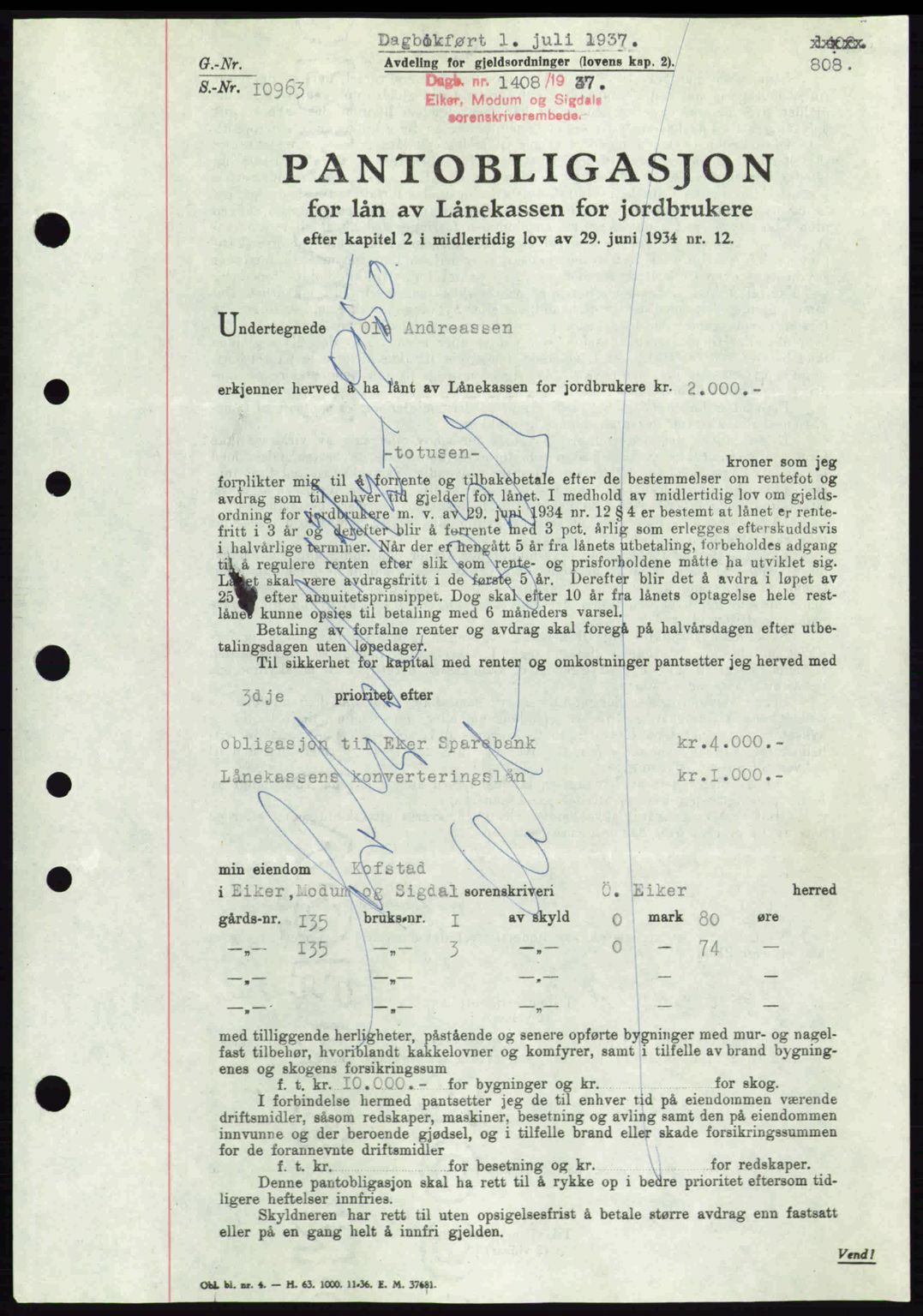 Eiker, Modum og Sigdal sorenskriveri, SAKO/A-123/G/Ga/Gab/L0035: Mortgage book no. A5, 1937-1937, Diary no: : 1408/1937