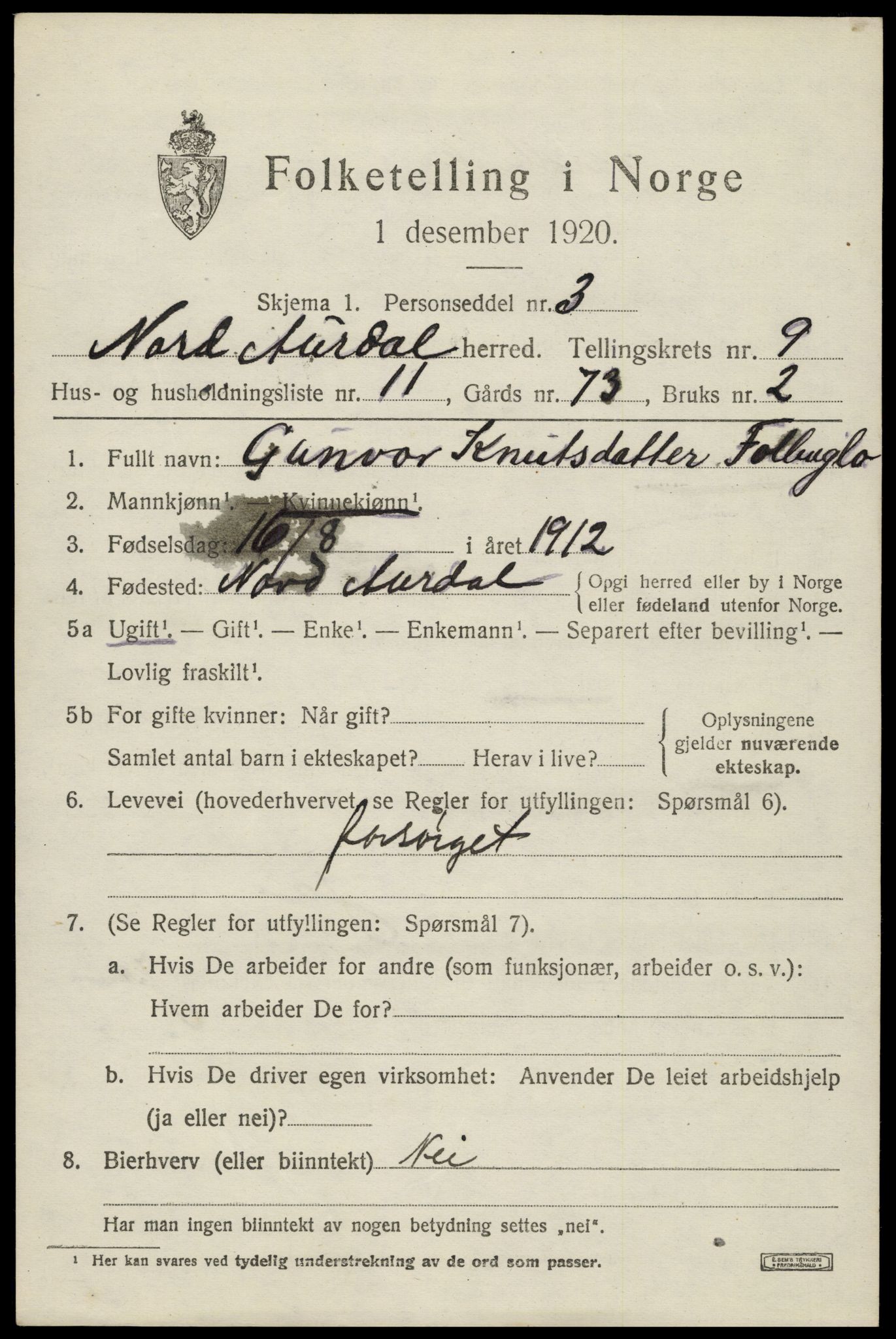 SAH, 1920 census for Nord-Aurdal, 1920, p. 7622