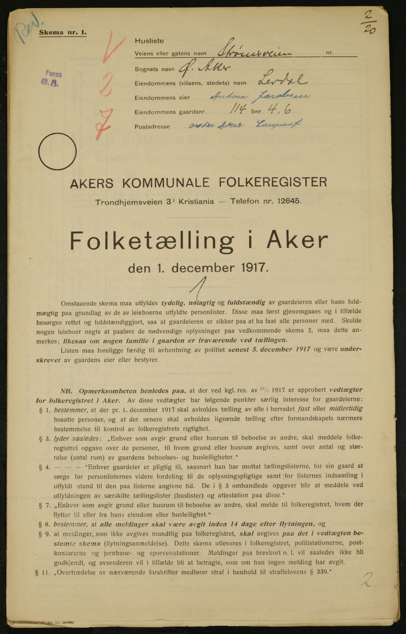 OBA, Municipal Census 1917 for Aker, 1917, p. 31500