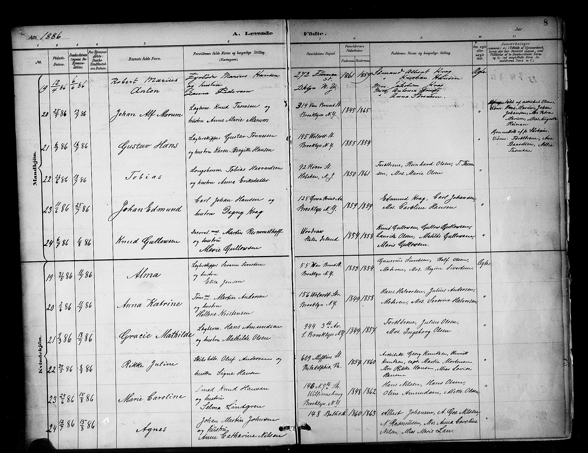 Den norske sjømannsmisjon i utlandet/New York, SAB/SAB/PA-0110/H/Ha/L0002: Parish register (official) no. A 2, 1886-1888, p. 8