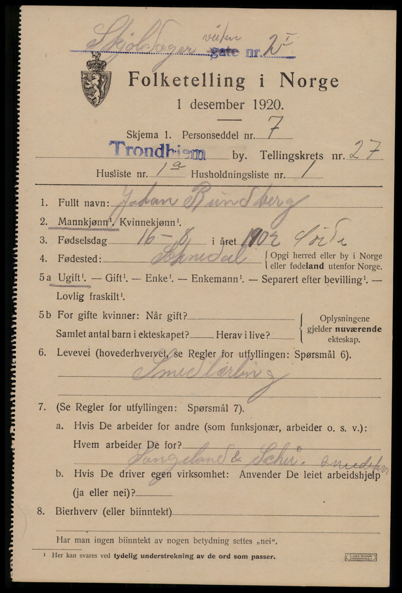 SAT, 1920 census for Trondheim, 1920, p. 69752