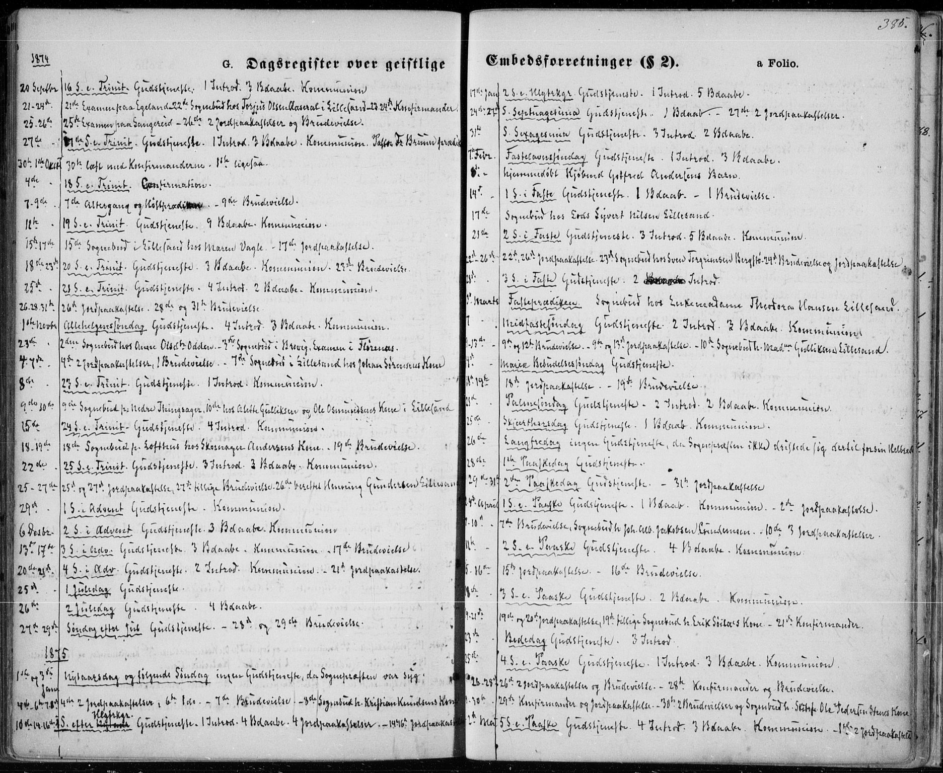 Vestre Moland sokneprestkontor, SAK/1111-0046/F/Fa/Fab/L0008: Parish register (official) no. A 8, 1873-1883, p. 385