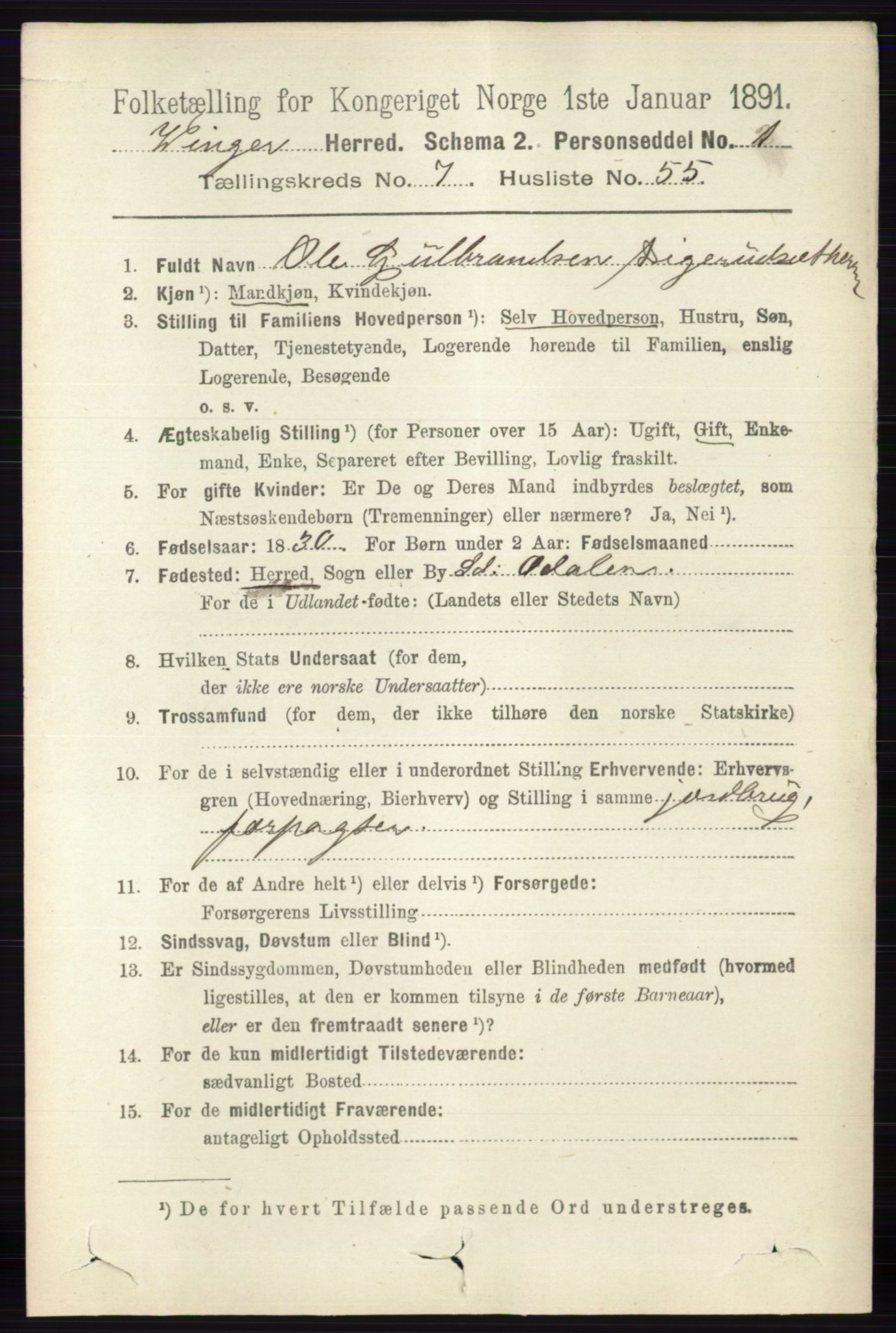 RA, 1891 census for 0421 Vinger, 1891, p. 3522