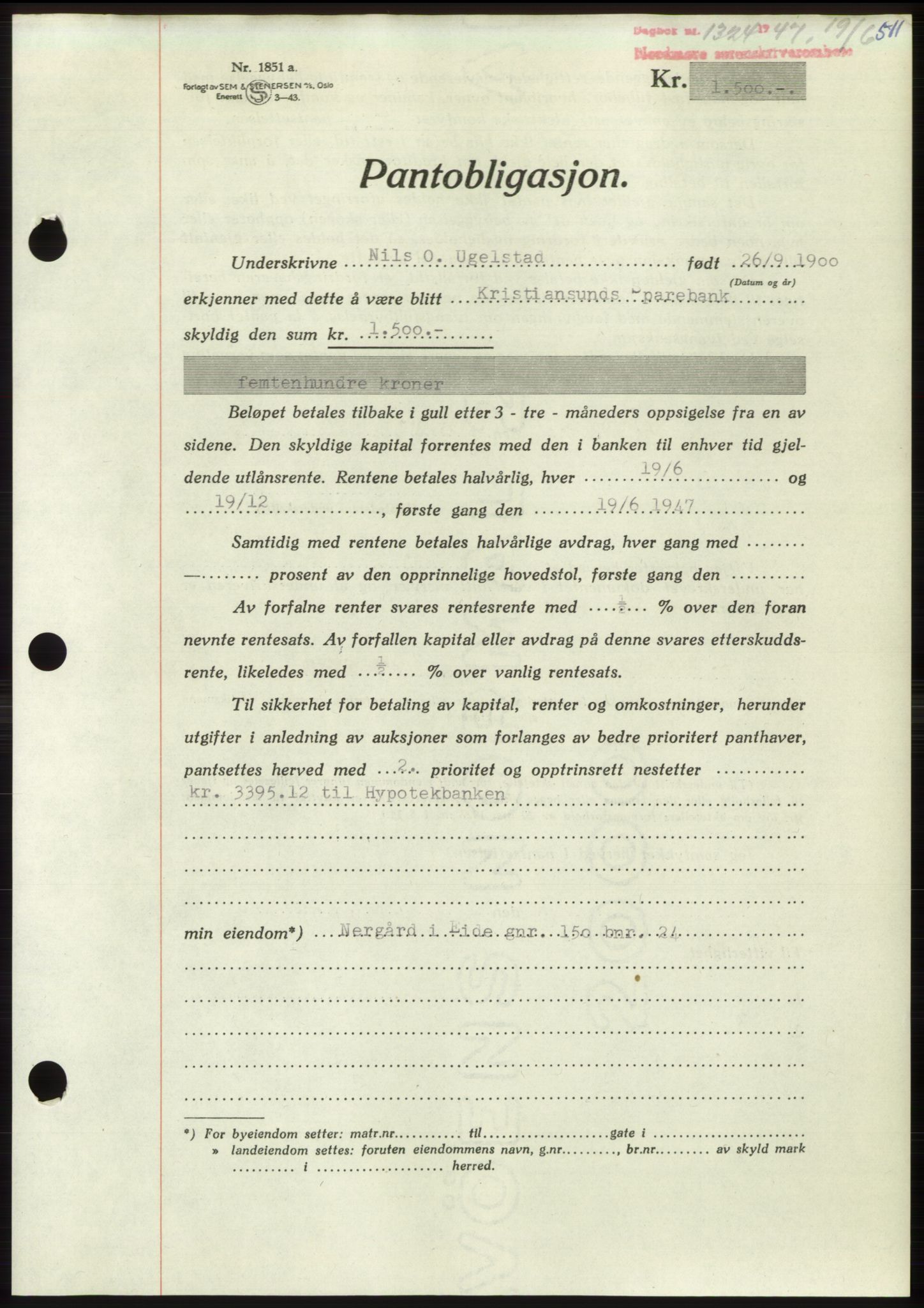 Nordmøre sorenskriveri, AV/SAT-A-4132/1/2/2Ca: Mortgage book no. B96, 1947-1947, Diary no: : 1324/1947