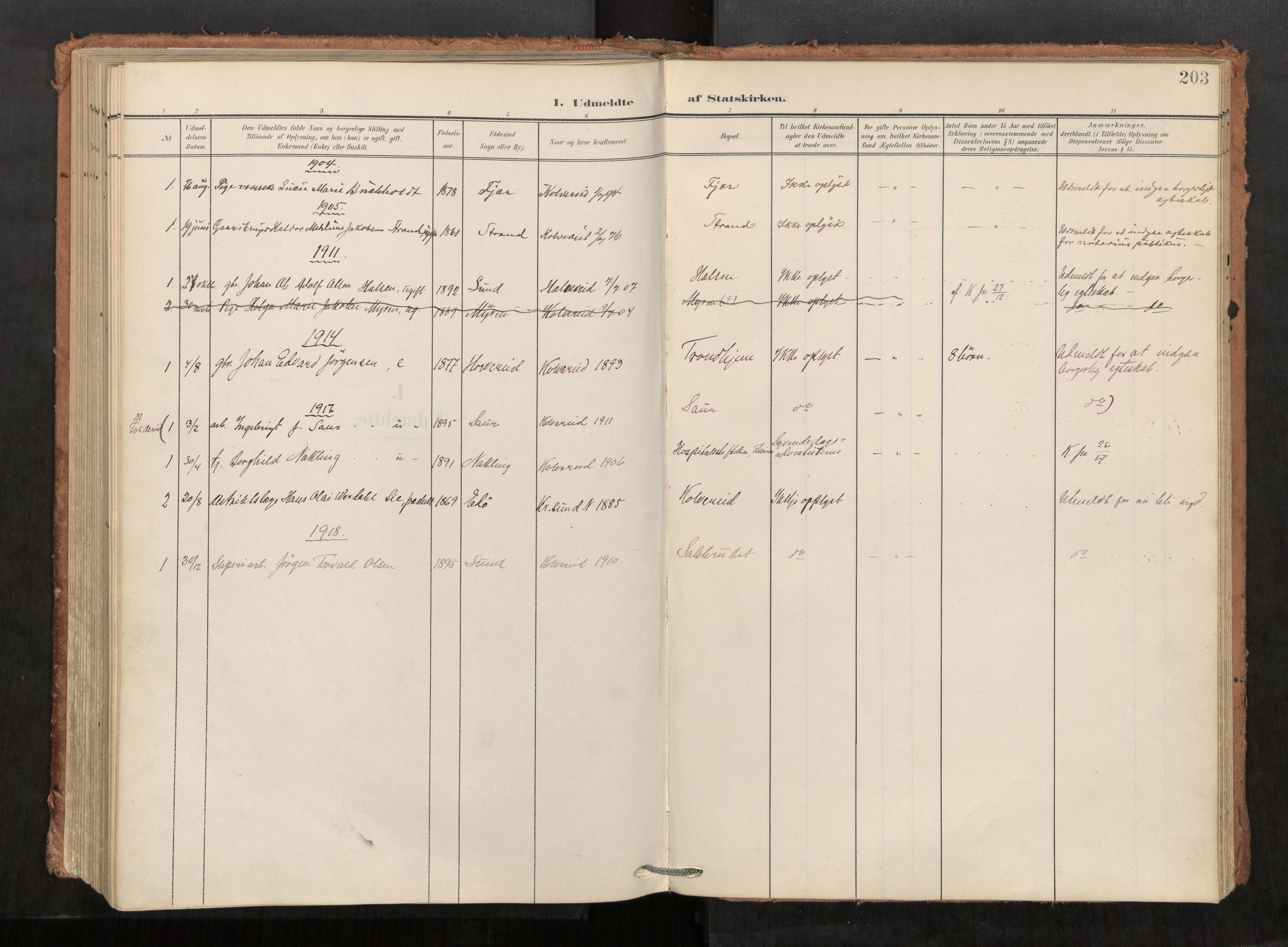 Kolvereid sokneprestkontor, SAT/A-1171/H/Ha/Haa/L0001: Parish register (official) no. 1, 1903-1922, p. 203