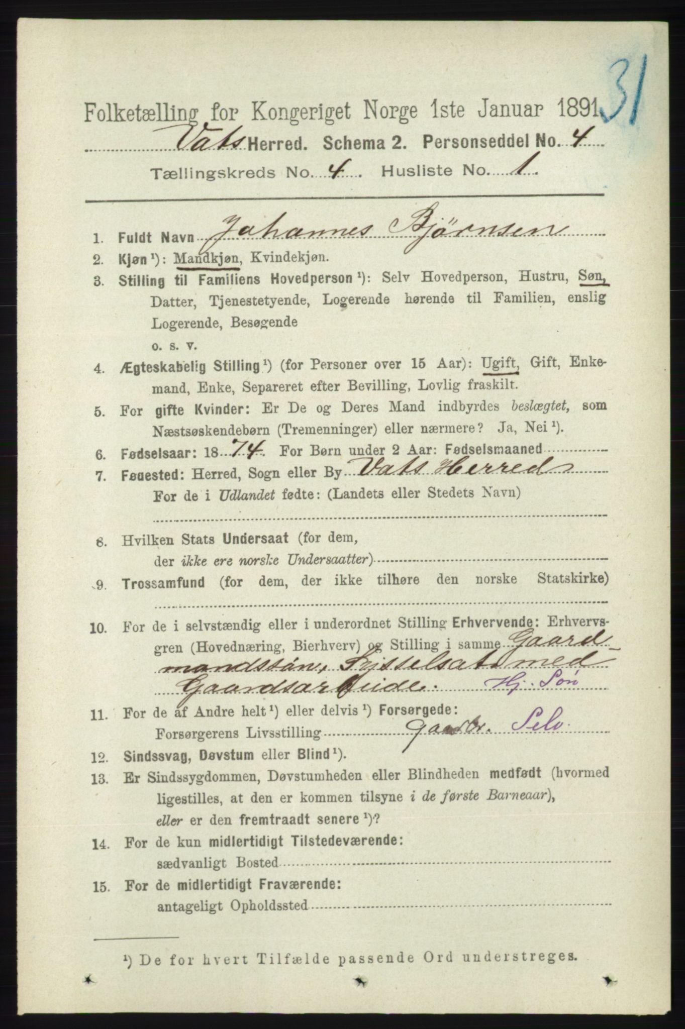 RA, 1891 census for 1155 Vats, 1891, p. 610