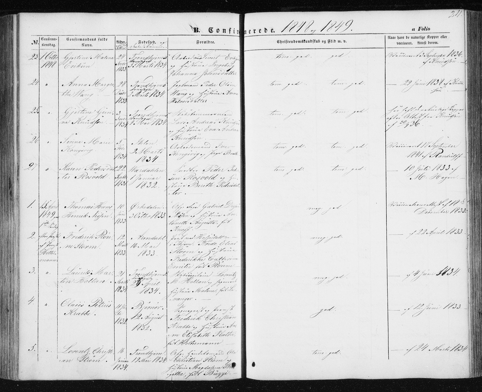 Ministerialprotokoller, klokkerbøker og fødselsregistre - Sør-Trøndelag, AV/SAT-A-1456/602/L0112: Parish register (official) no. 602A10, 1848-1859, p. 211