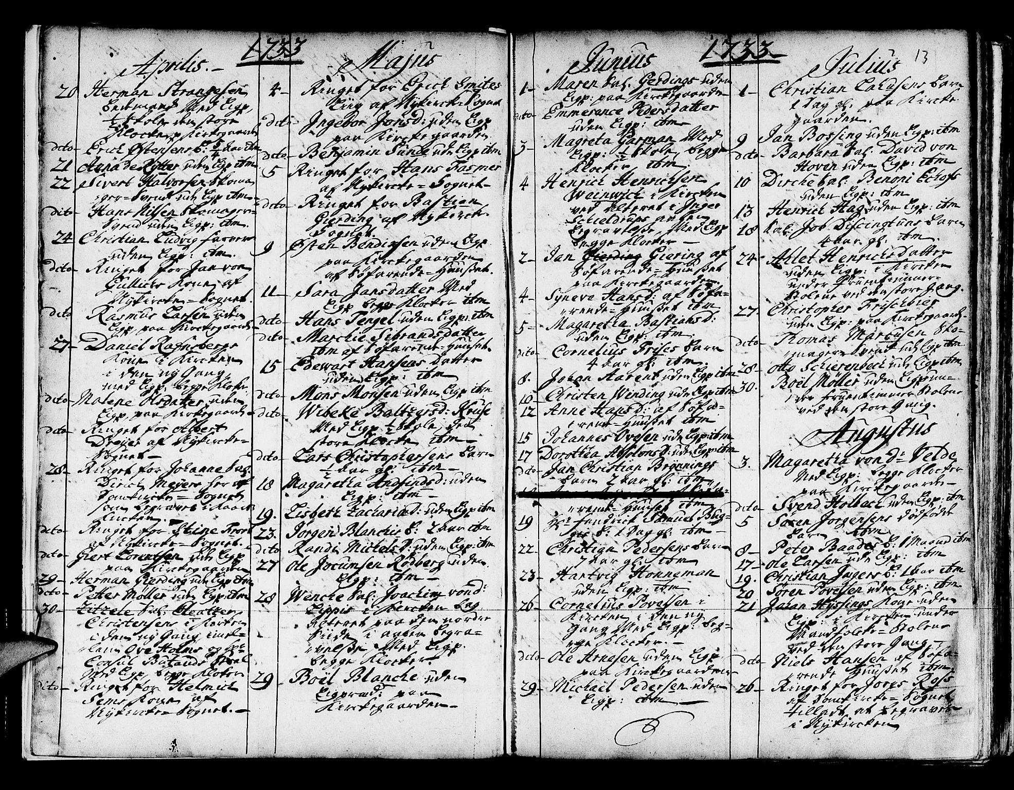 Domkirken sokneprestembete, AV/SAB-A-74801/H/Haa/L0008: Parish register (official) no. A 8, 1725-1775, p. 13