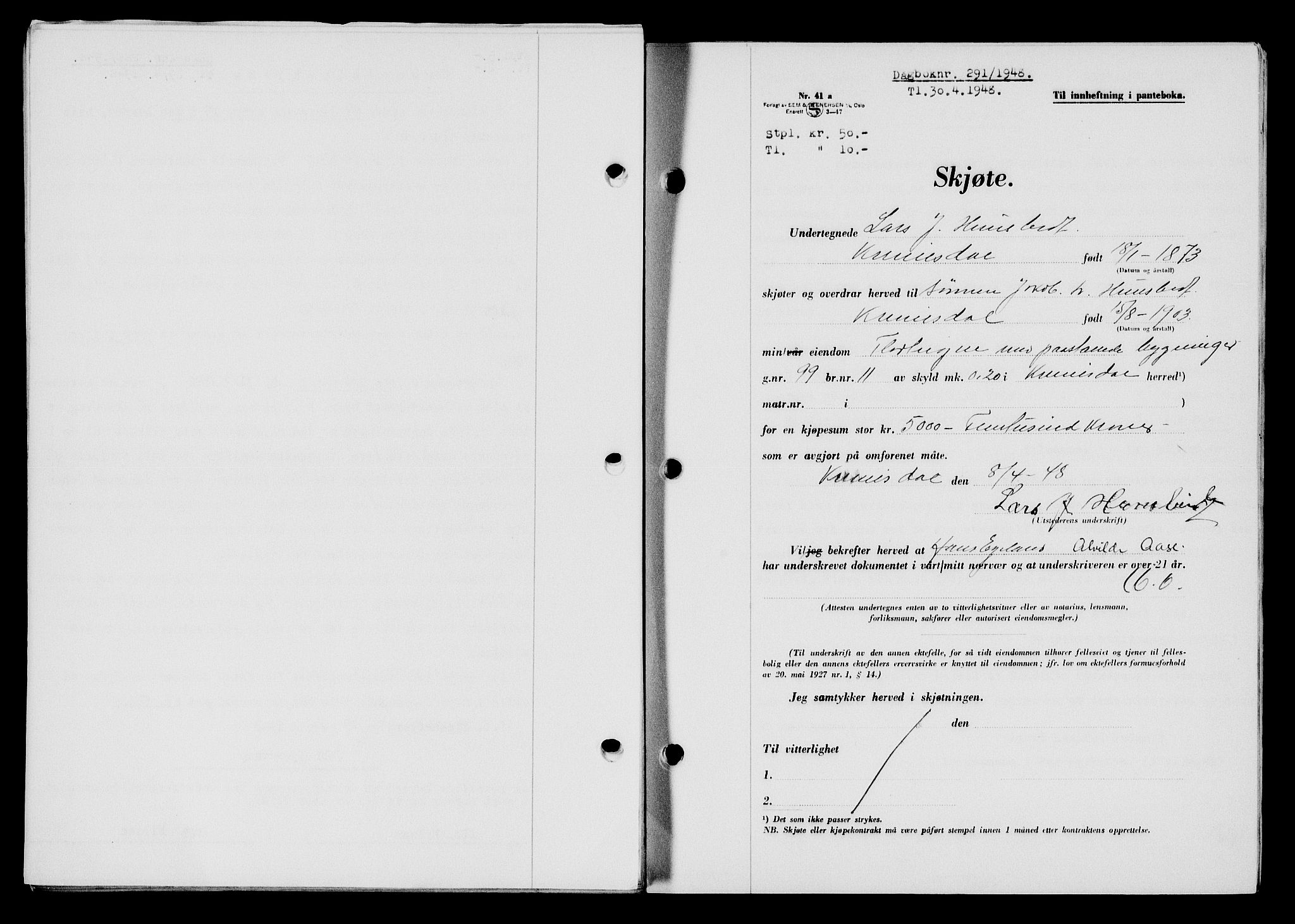 Flekkefjord sorenskriveri, SAK/1221-0001/G/Gb/Gba/L0063: Mortgage book no. A-11, 1947-1948, Diary no: : 291/1948