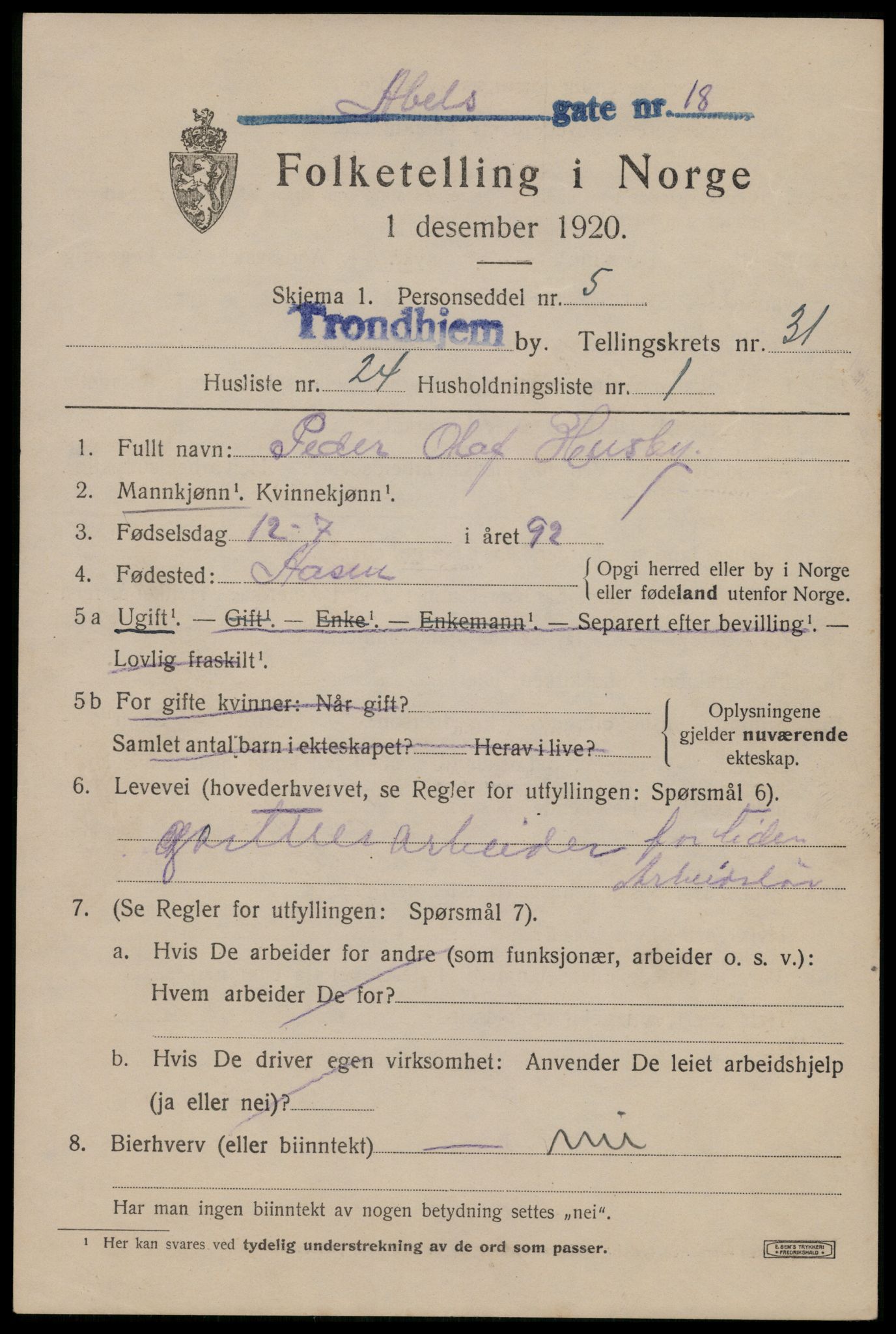 SAT, 1920 census for Trondheim, 1920, p. 77016