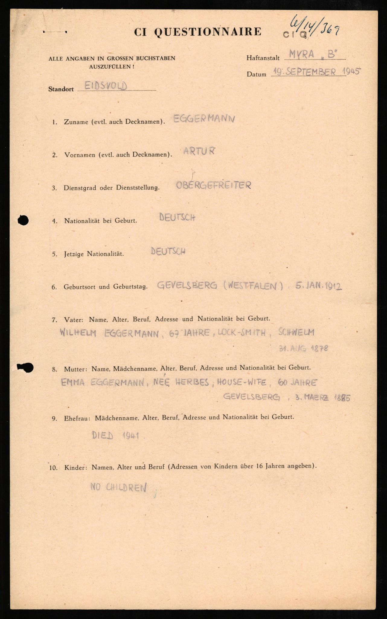 Forsvaret, Forsvarets overkommando II, AV/RA-RAFA-3915/D/Db/L0007: CI Questionaires. Tyske okkupasjonsstyrker i Norge. Tyskere., 1945-1946, p. 57