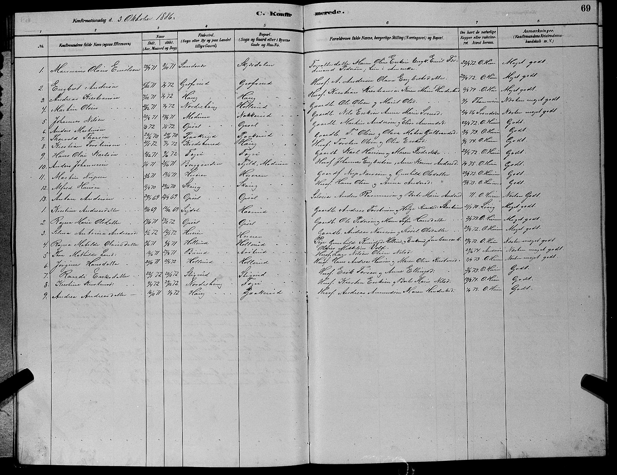 Hole kirkebøker, SAKO/A-228/G/Gb/L0002: Parish register (copy) no. II 2, 1878-1889, p. 69