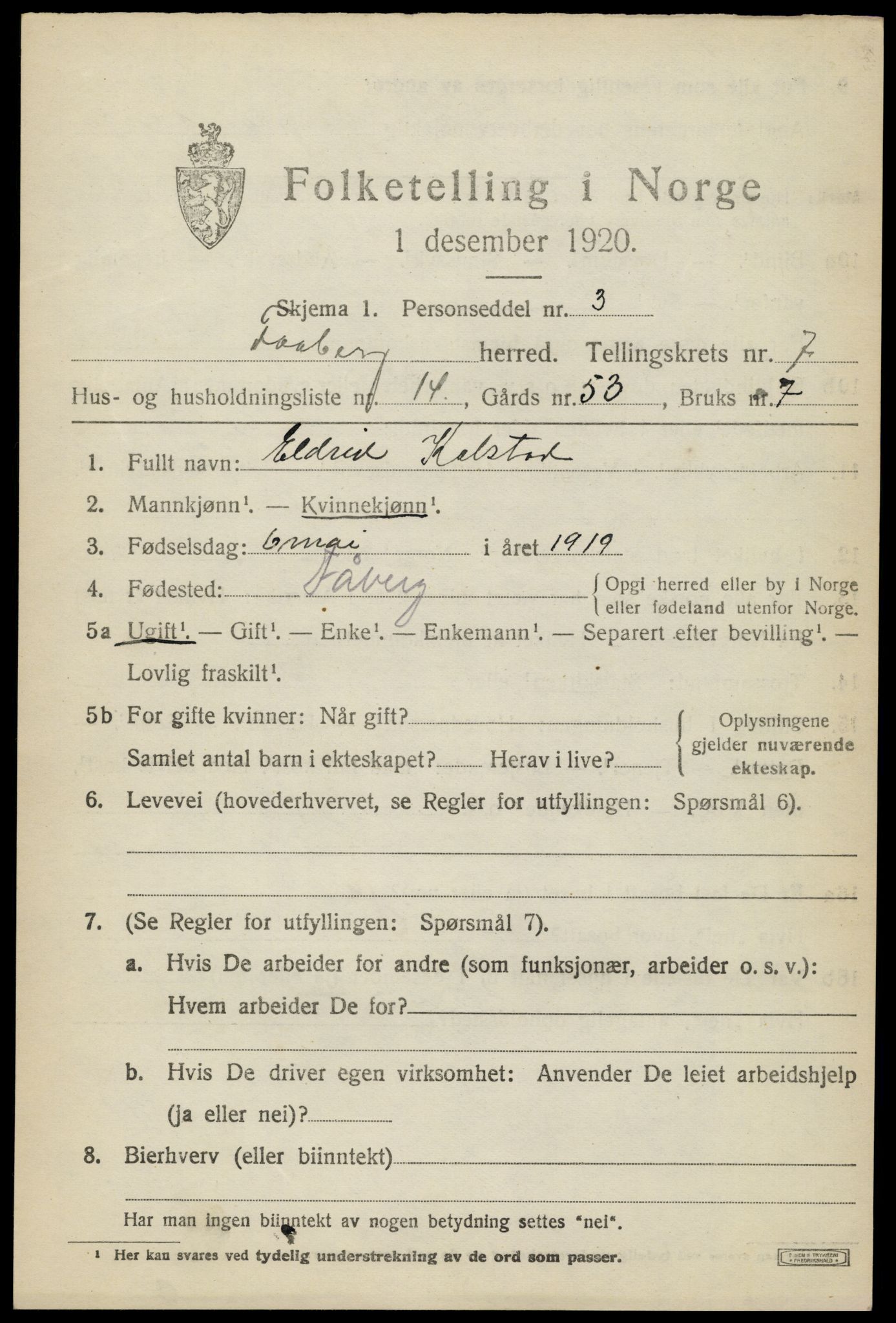 SAH, 1920 census for Fåberg, 1920, p. 7980